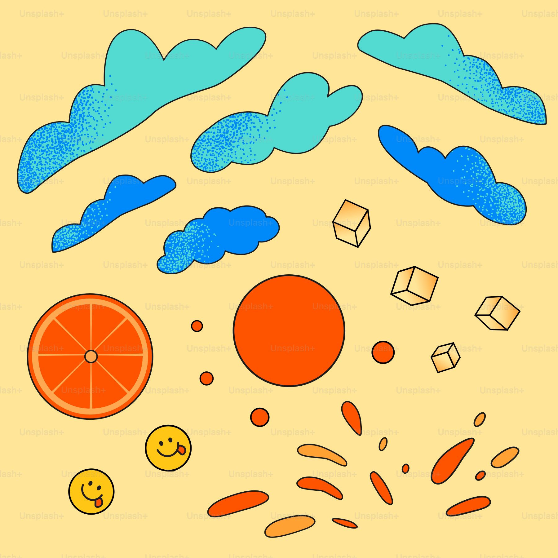 Abstract scene with clouds, sun, orange slice, and smiley faces.