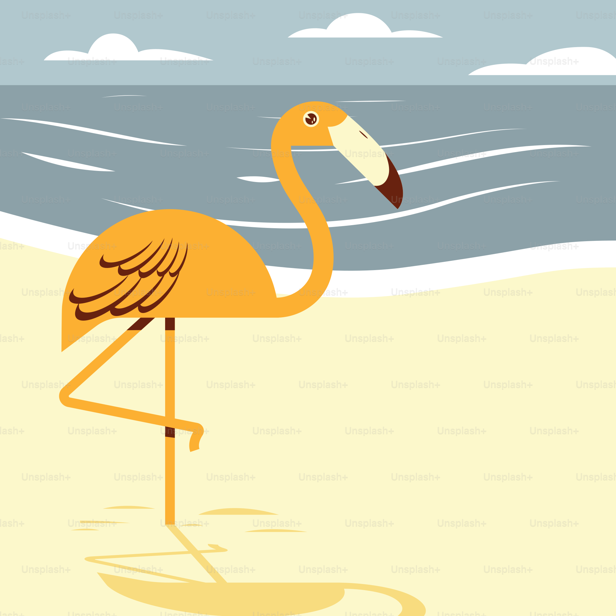 An orange flamingo stands on a sandy beach.