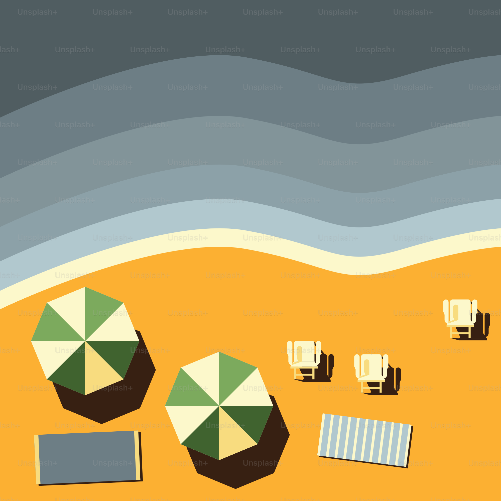 Scène de plage avec parasols, chaises et vagues de mer.