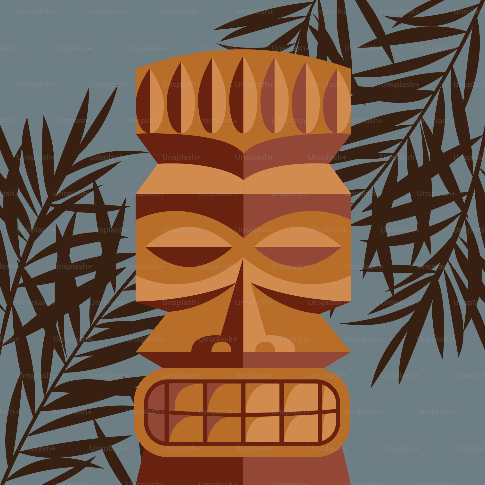 Une statue tiki sculptée avec des feuilles de palmier