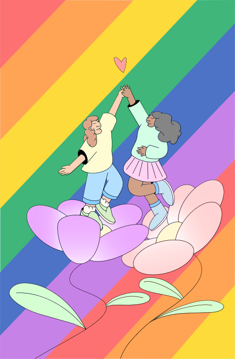 Two people high-fiving on flowers with rainbow background