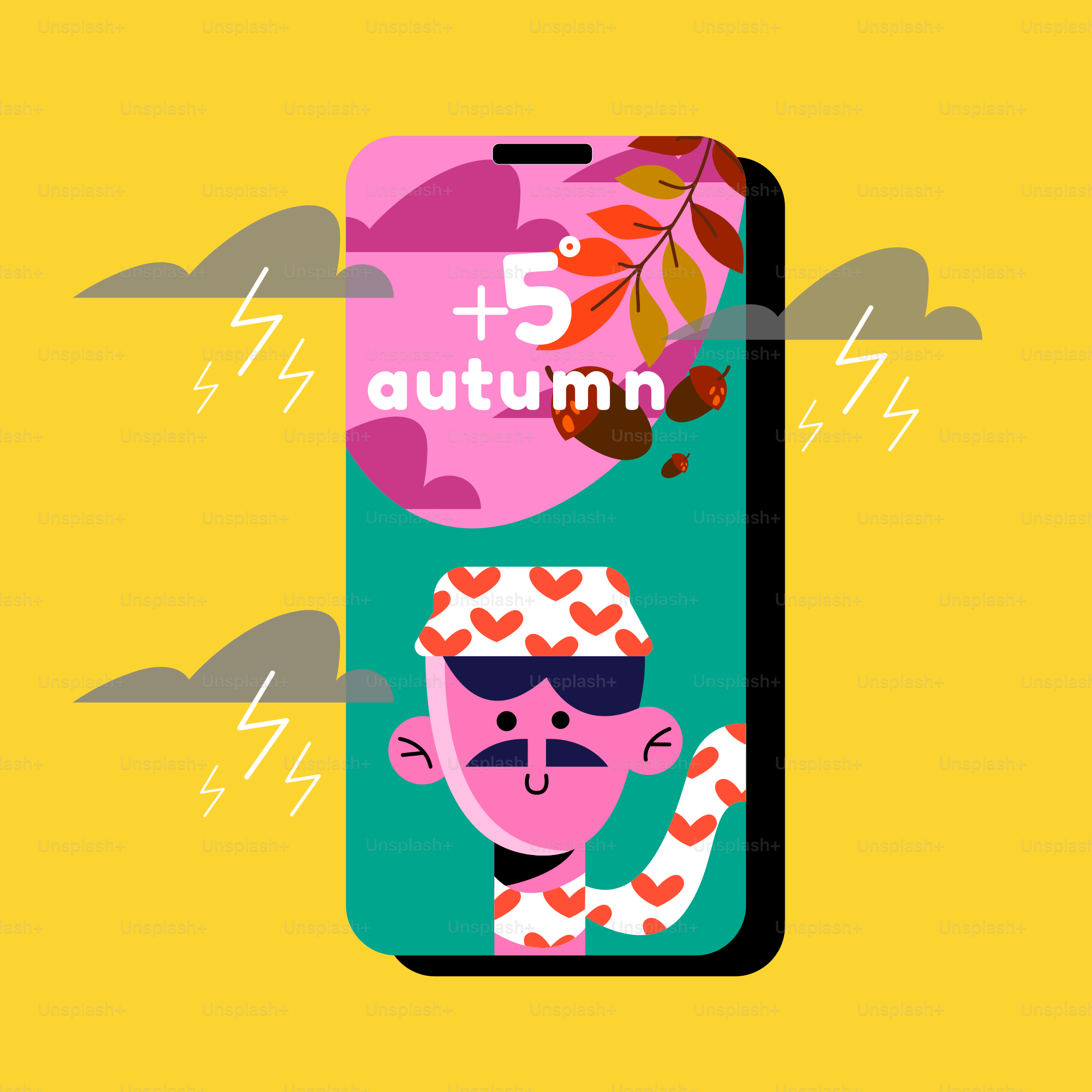 Smartphone mostrando el tiempo otoñal con personaje de dibujos animados