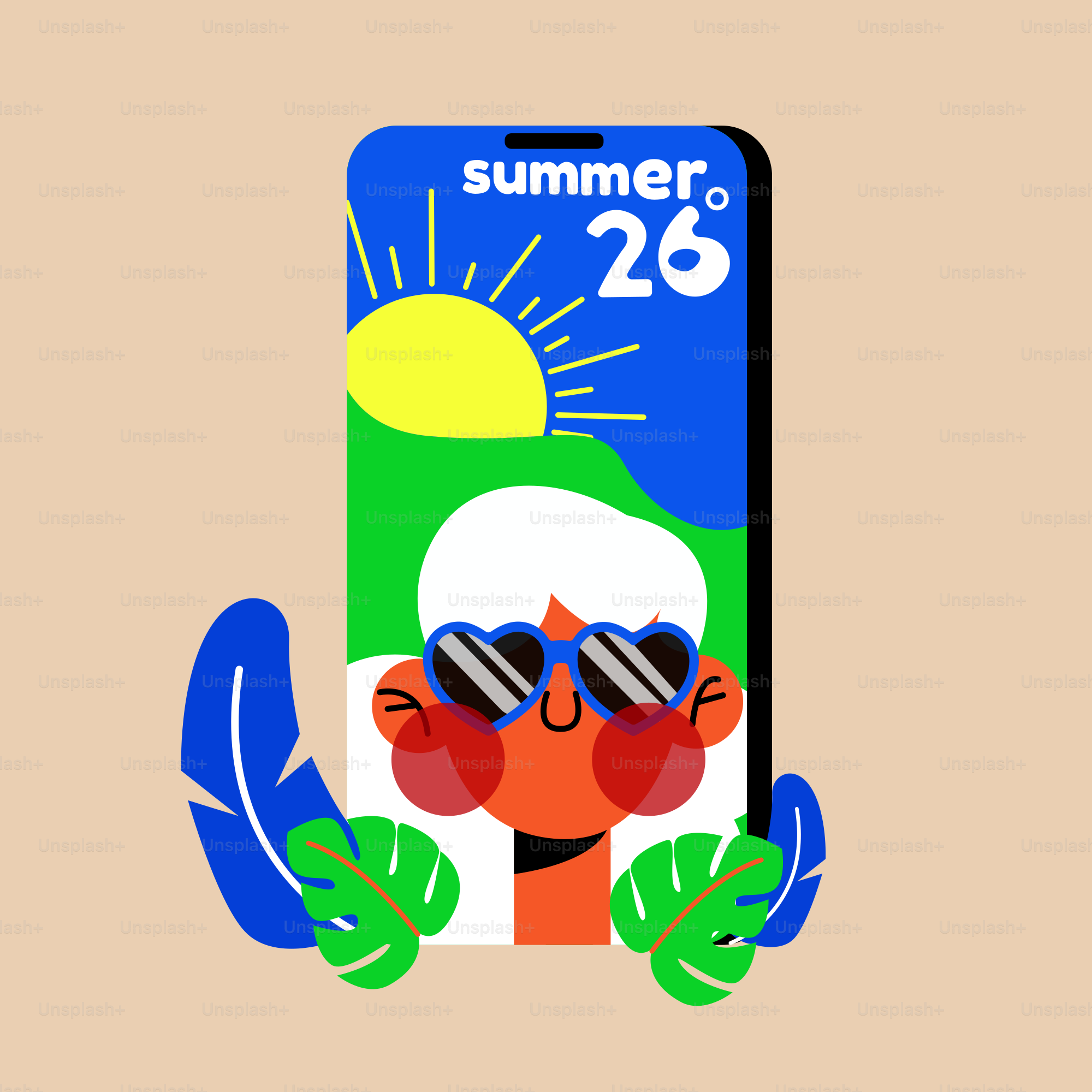 Smartphone zeigt Sommergrafik mit Sonne und Person an.