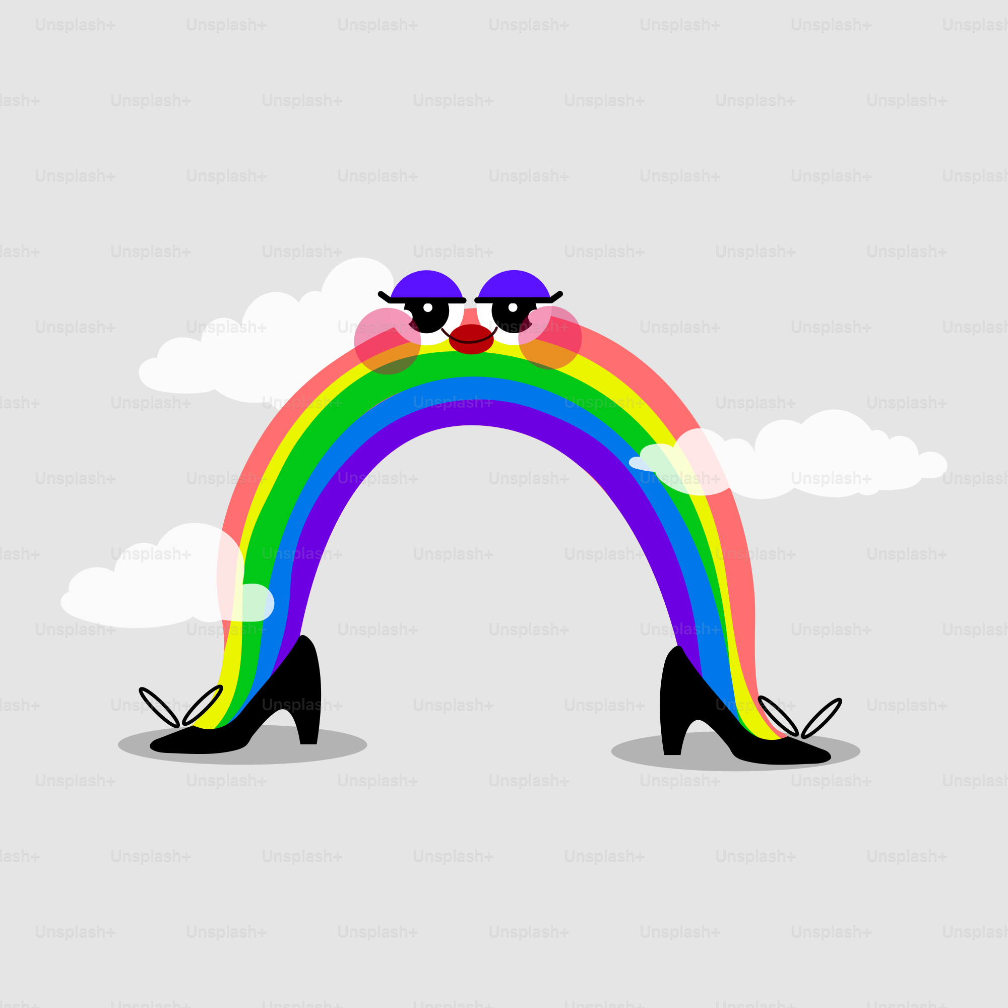 Un arcoíris de dibujos animados con cara y tacones altos.