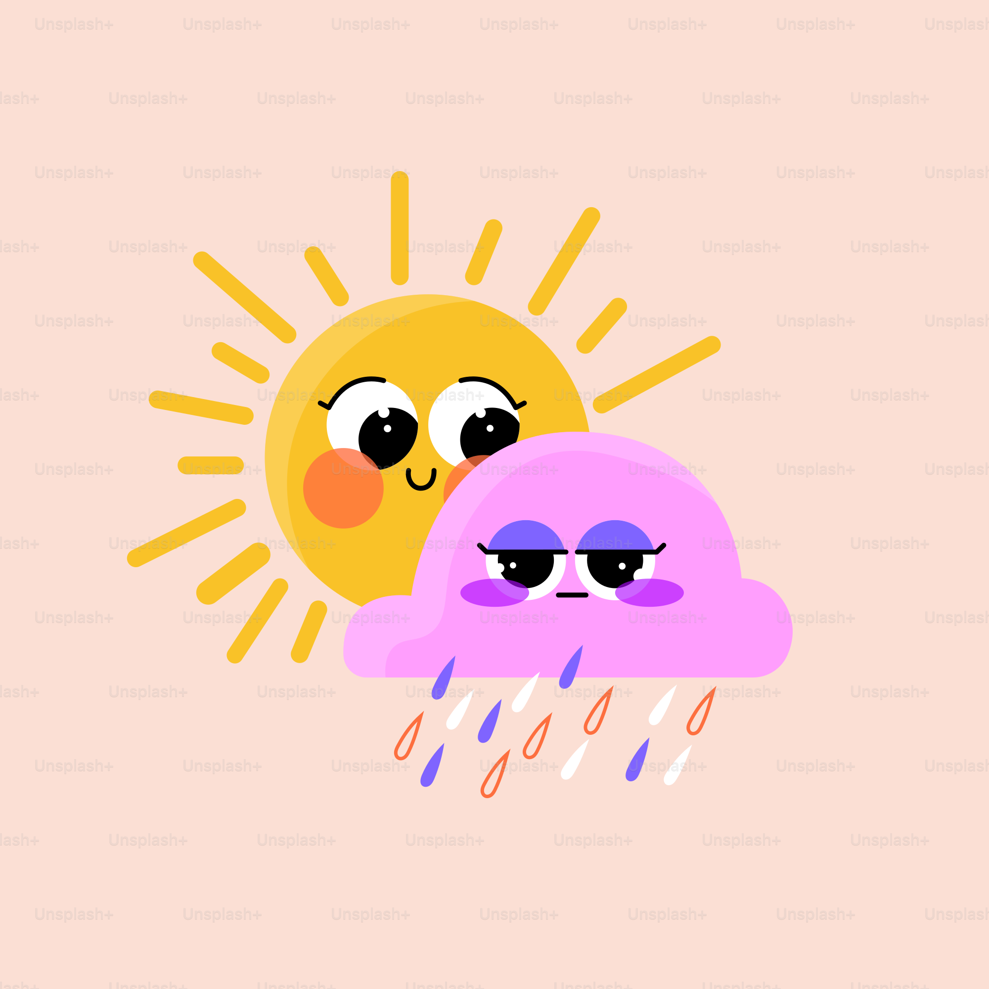 A cartoon sun and a cloud with eyes