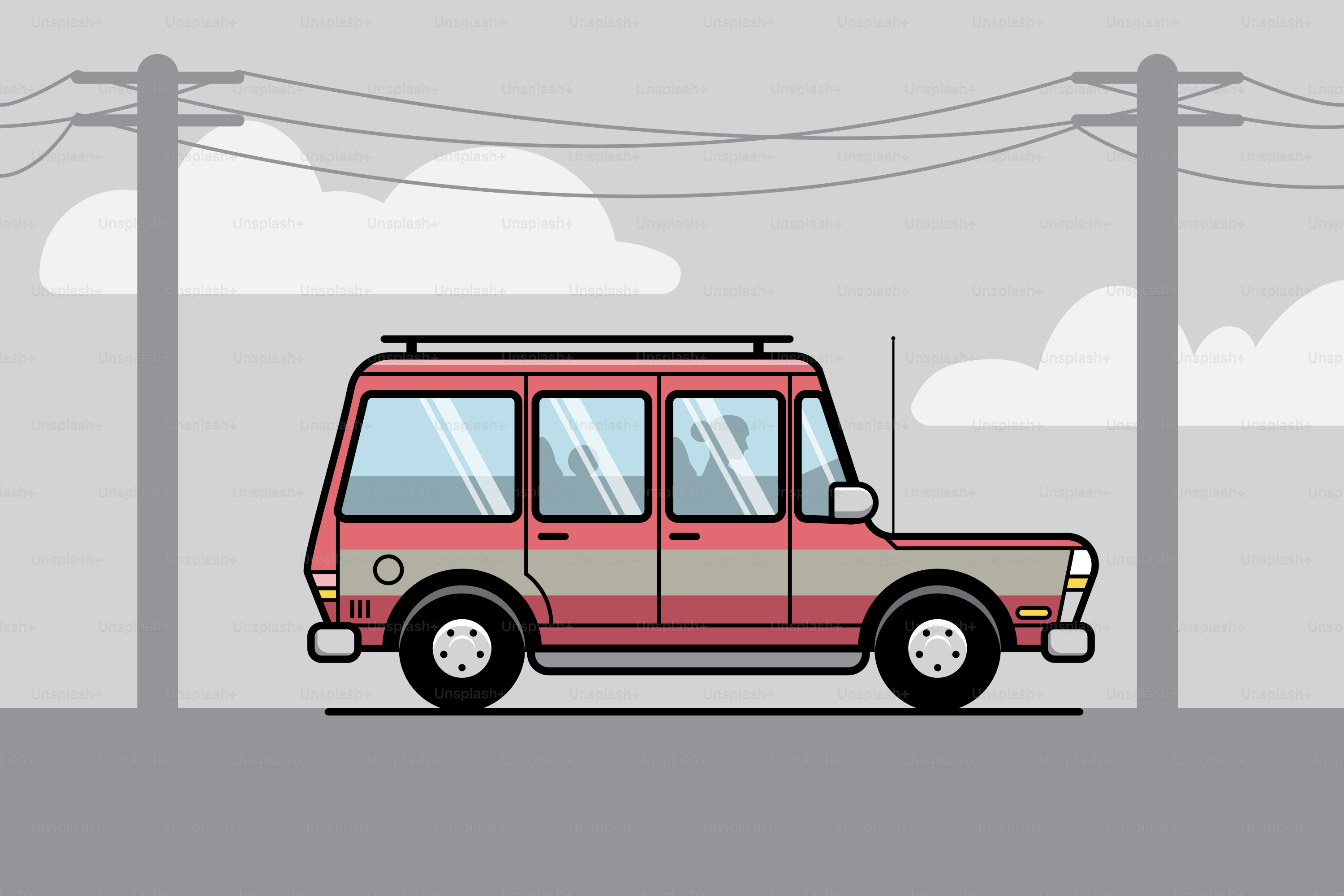 SUV vintage rouge et gris circulant sur une route