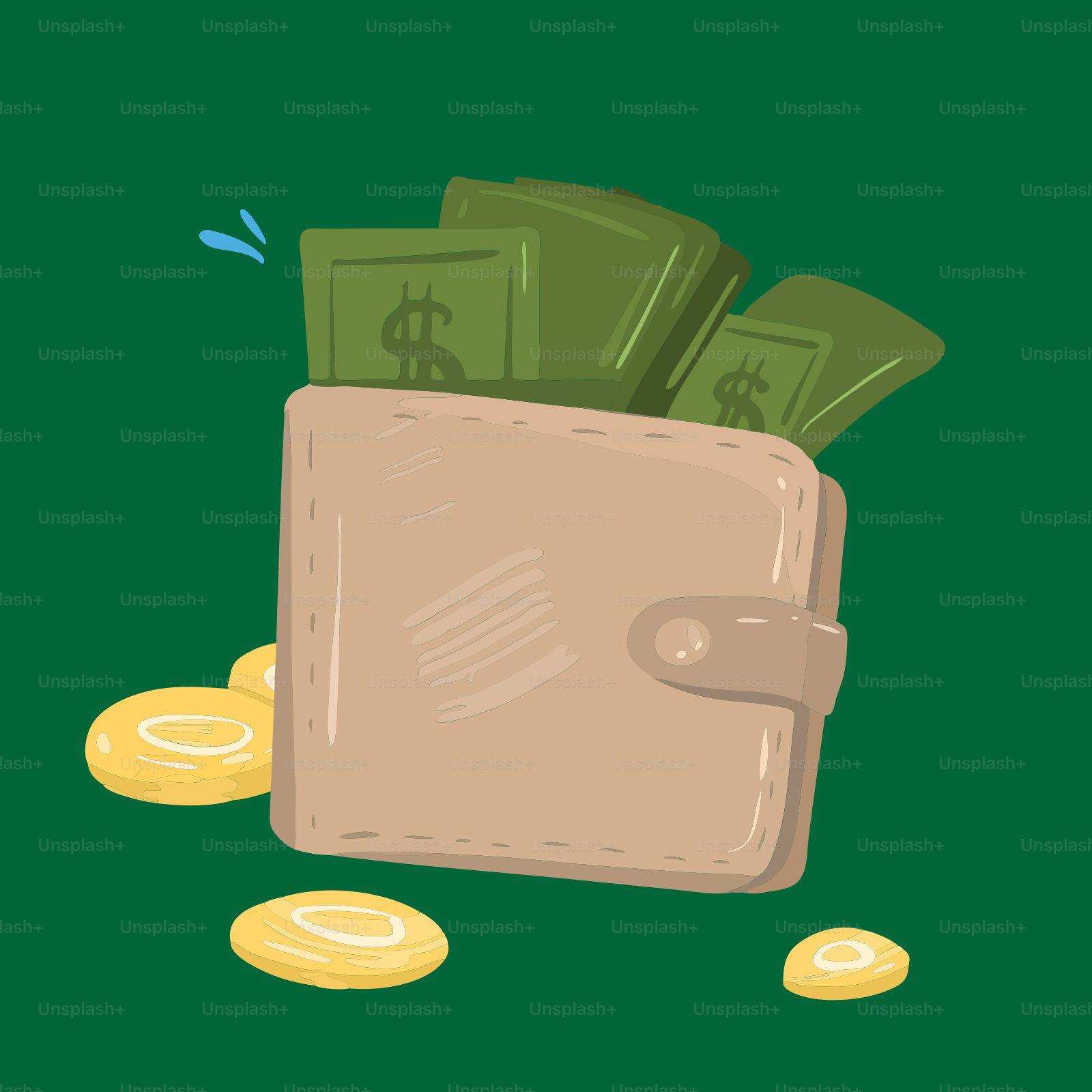 Uma carteira cheia de dinheiro e moedas