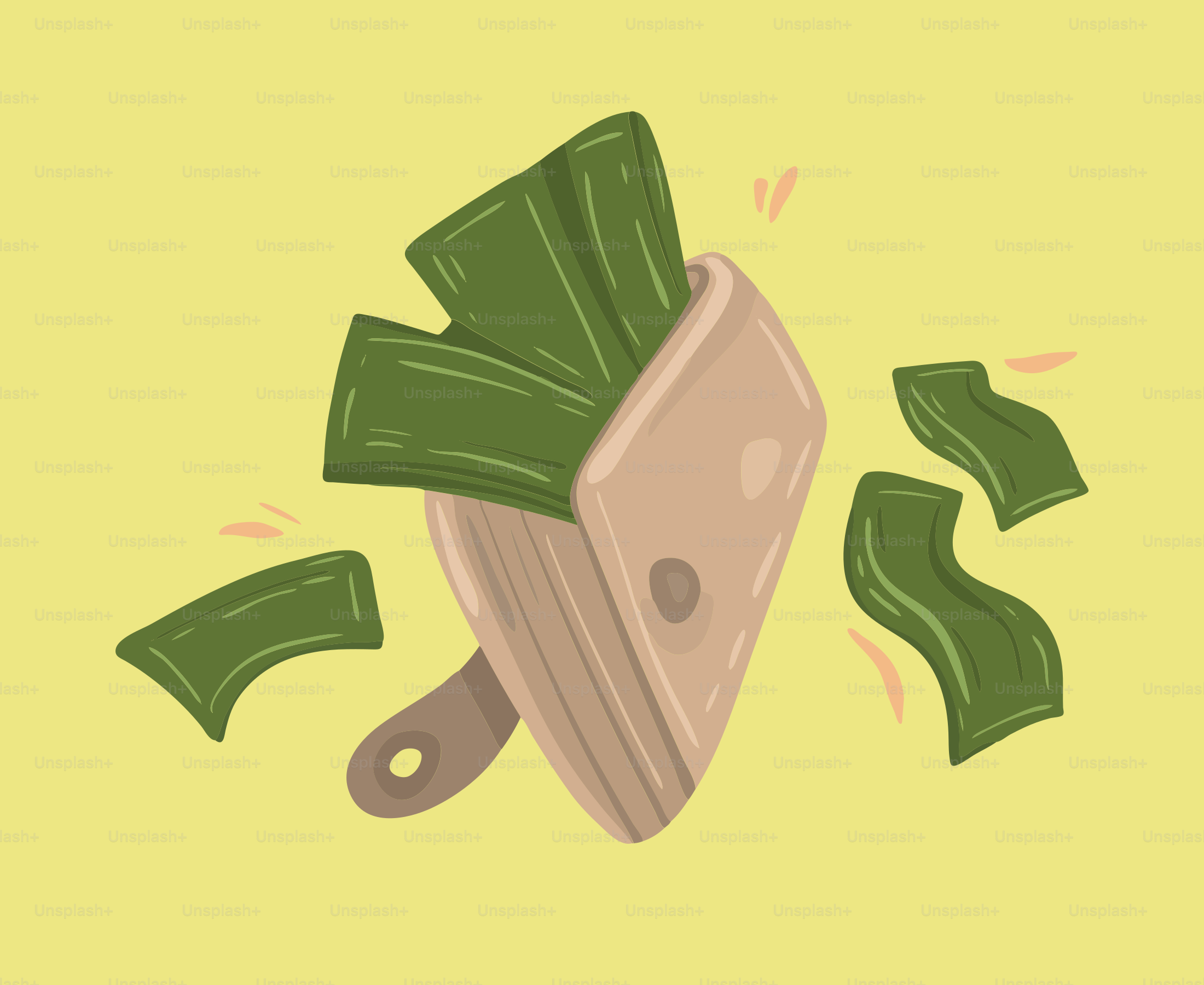 노란 배경에 현금이 넘쳐나는 지갑