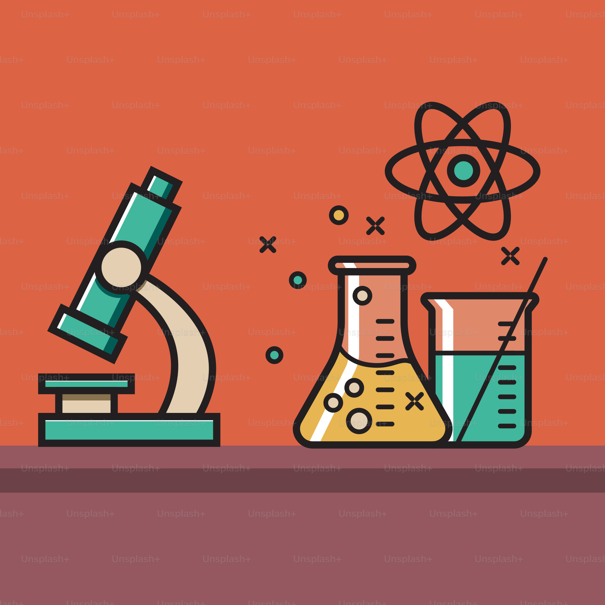 Microscópio e béqueres com símbolo atômico sobre fundo laranja