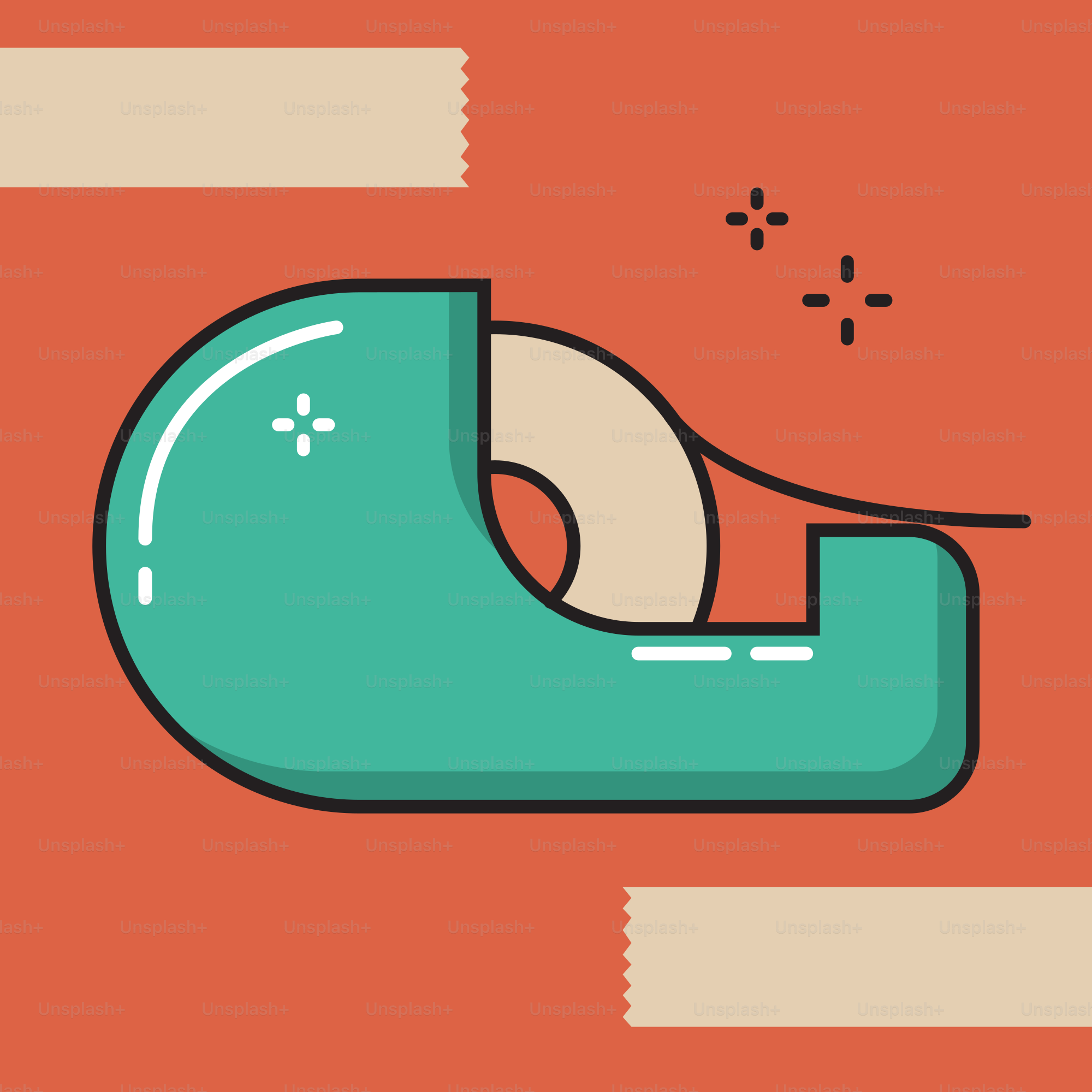 Um dispensador de fita azul-petróleo com fita sobre fundo laranja