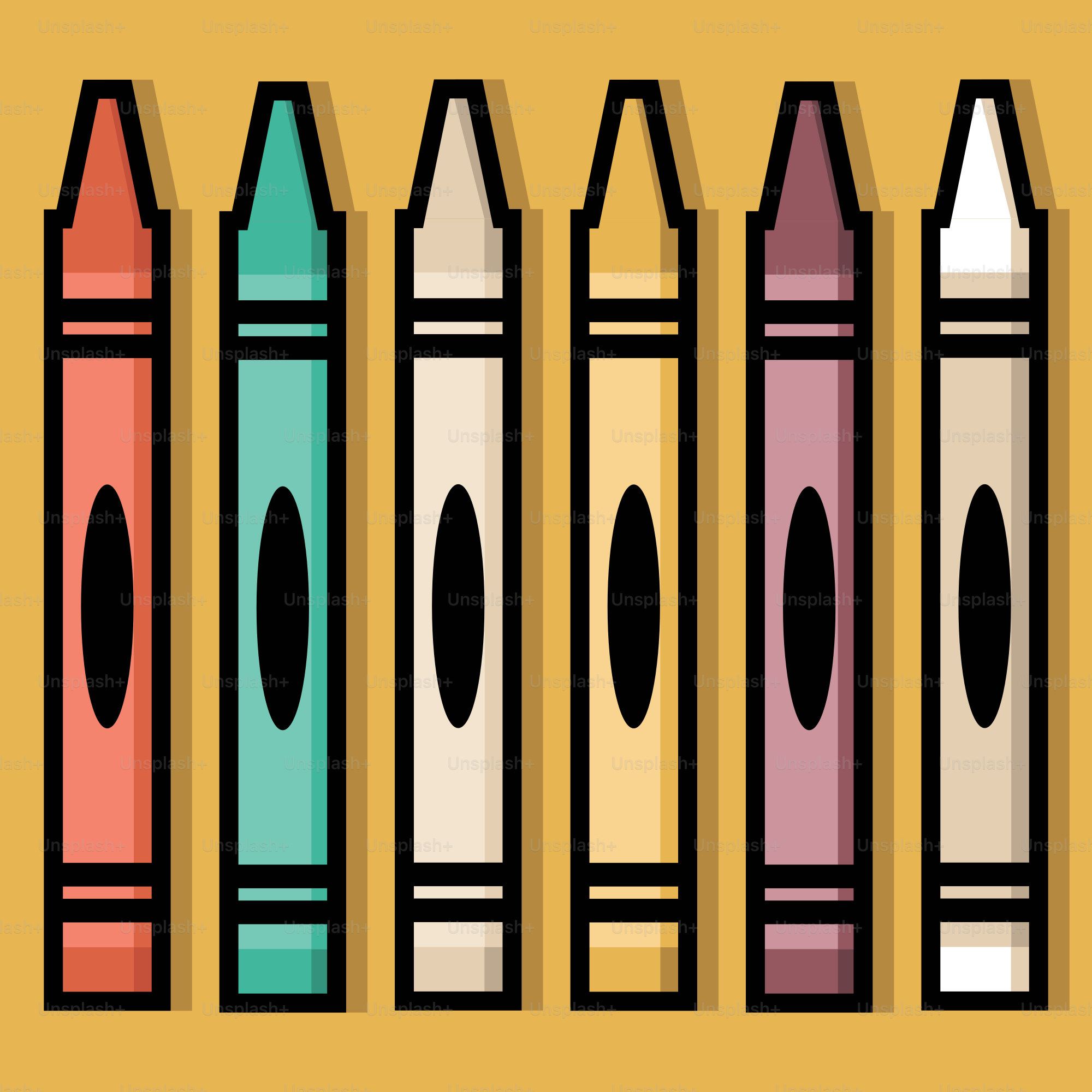 Seis giz de cor coloridos dispostos em fileira.