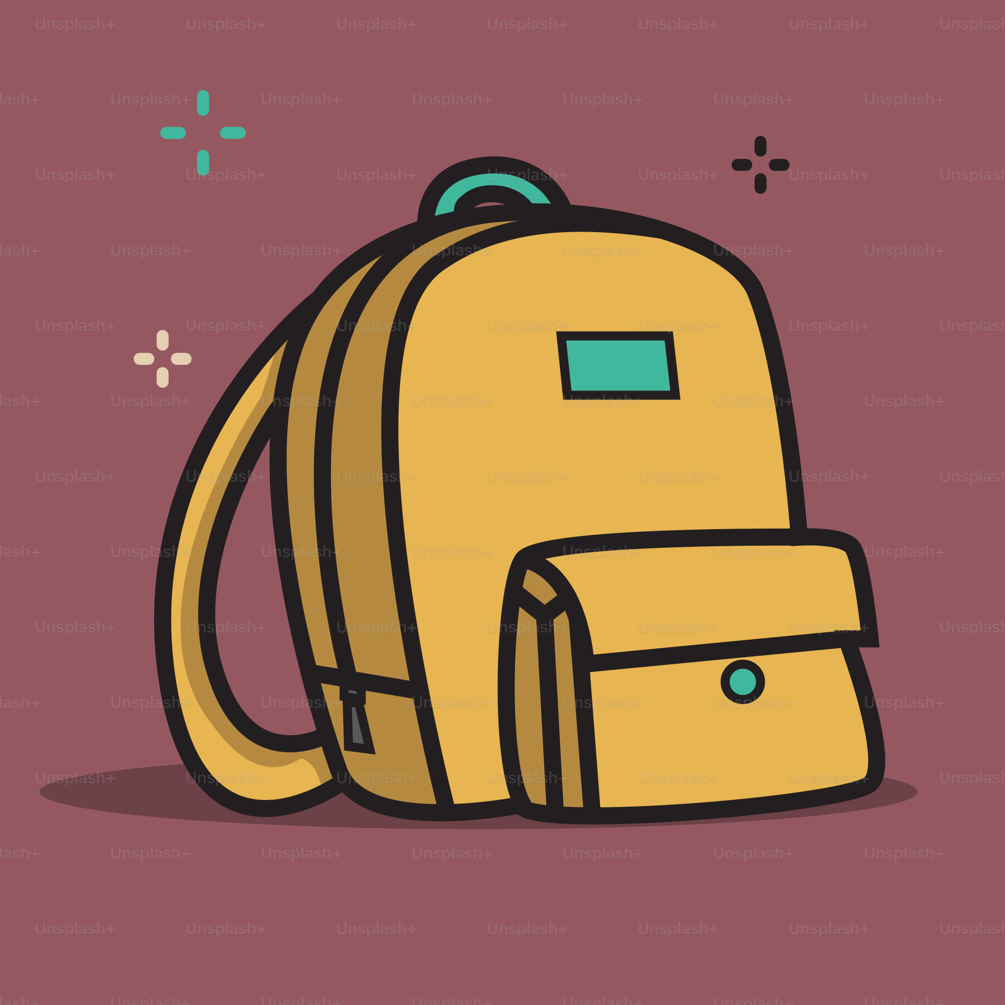 Uma mochila amarela com detalhes em verde-azulado sobre fundo bordô.