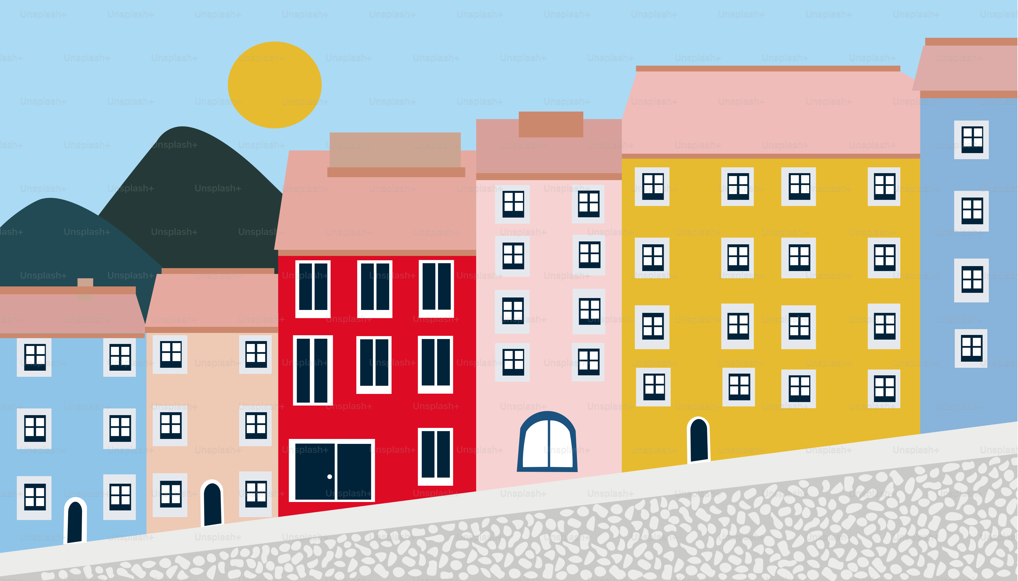 Edificios coloridos en una ladera bajo un cielo soleado