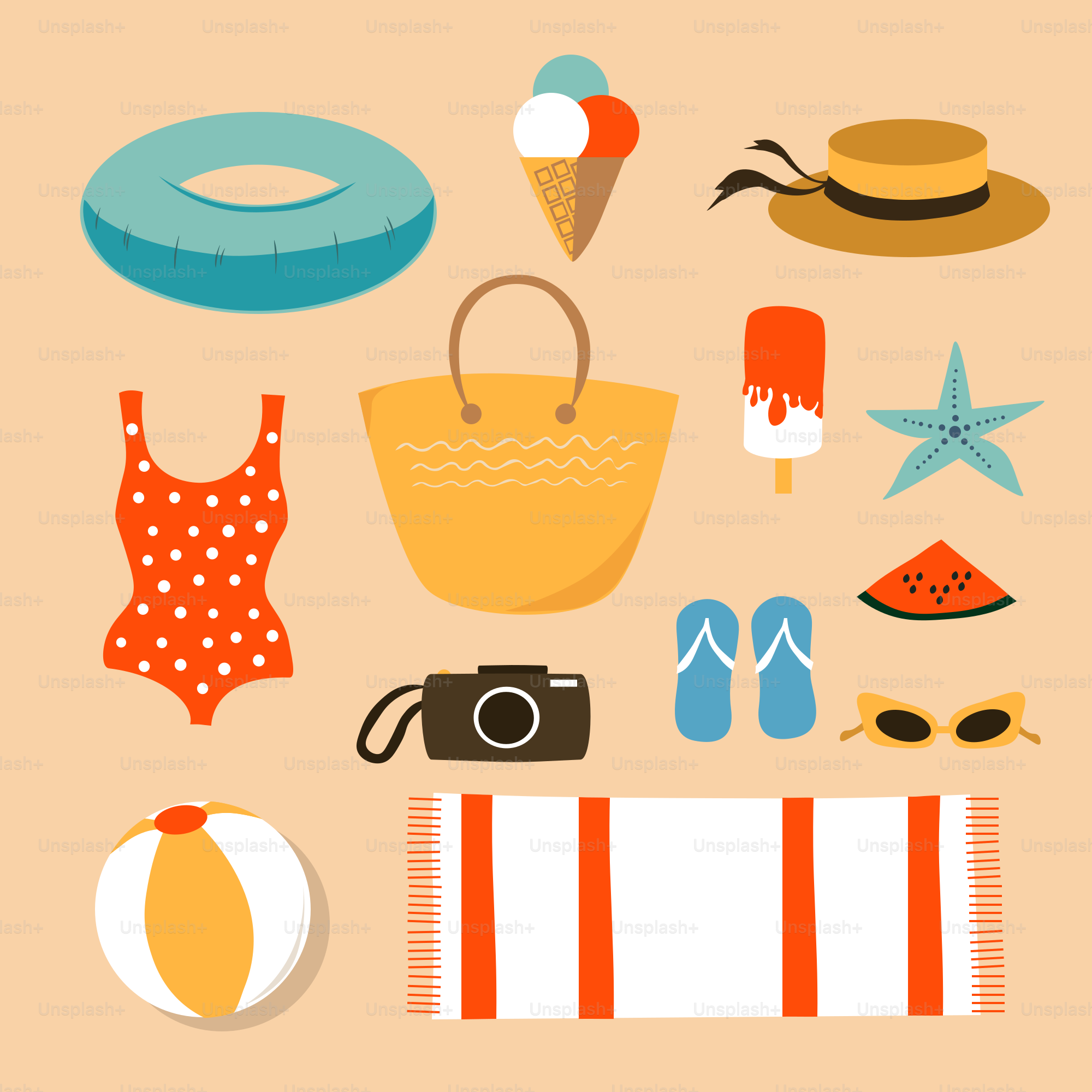 Essentiels de plage : maillot de bain, bonnet et serviette.