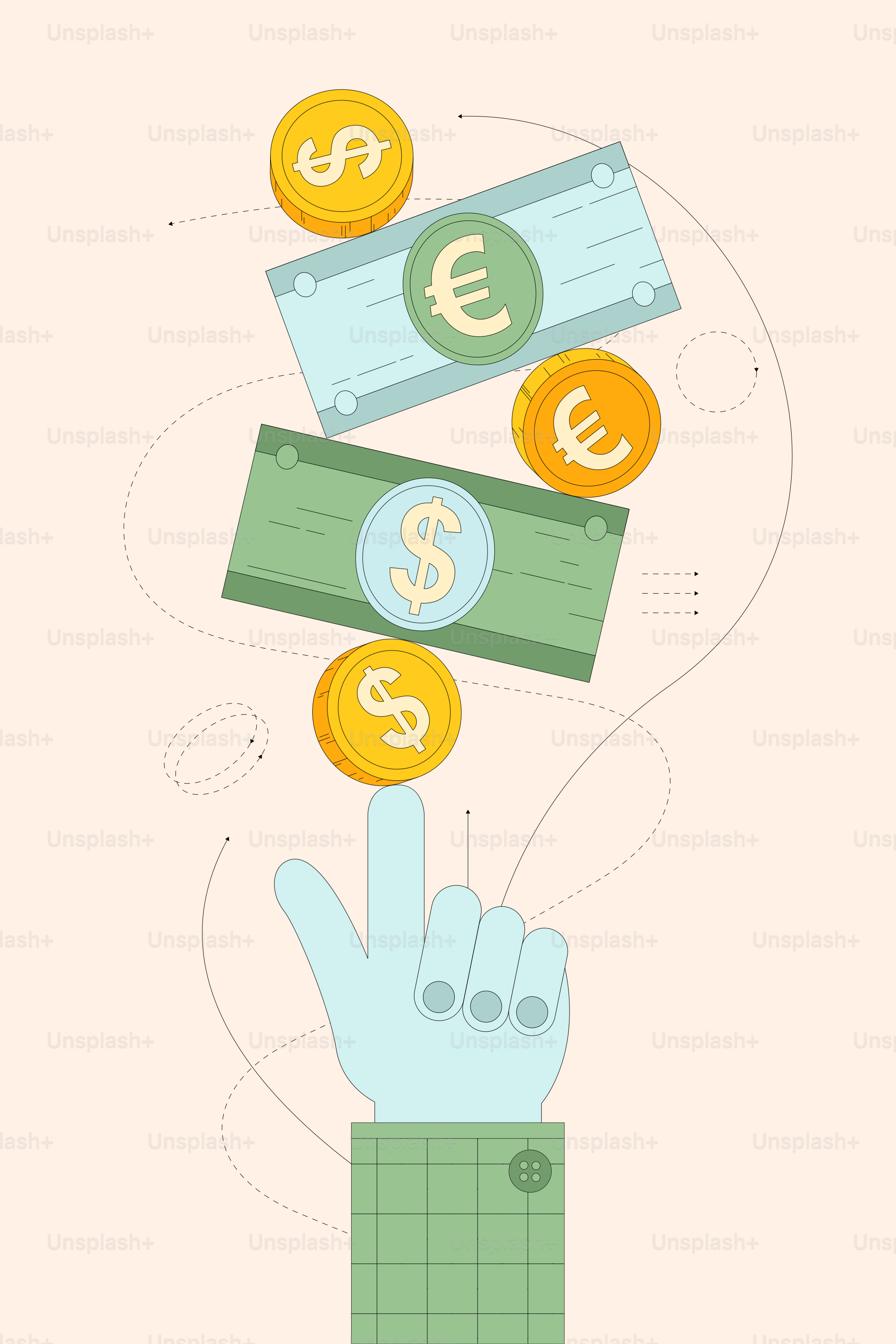 Geld und Münzen mit Währungssymbolen von Hand balancieren.