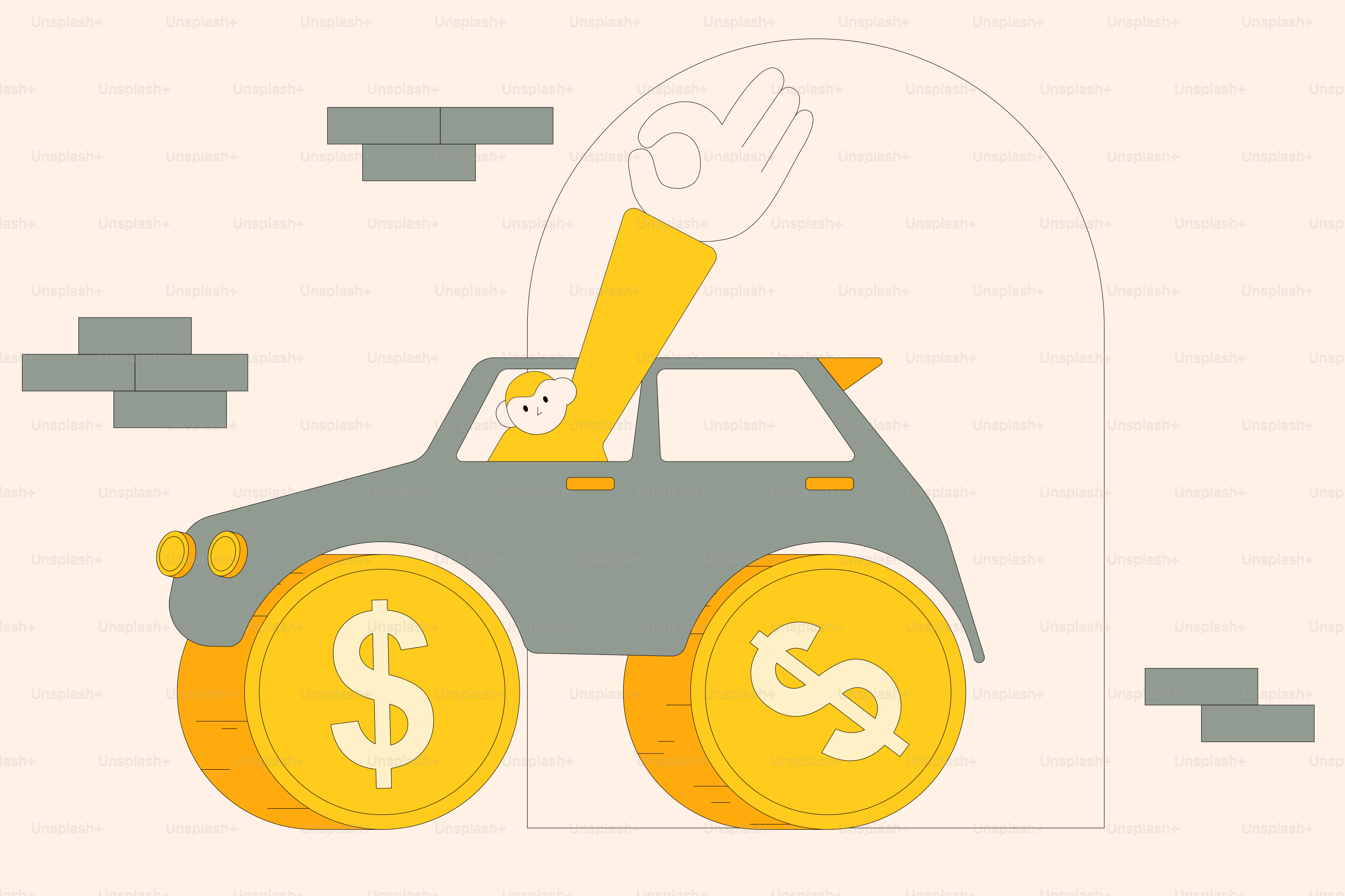 Auto con ruote a segno di dollaro e mano a posto