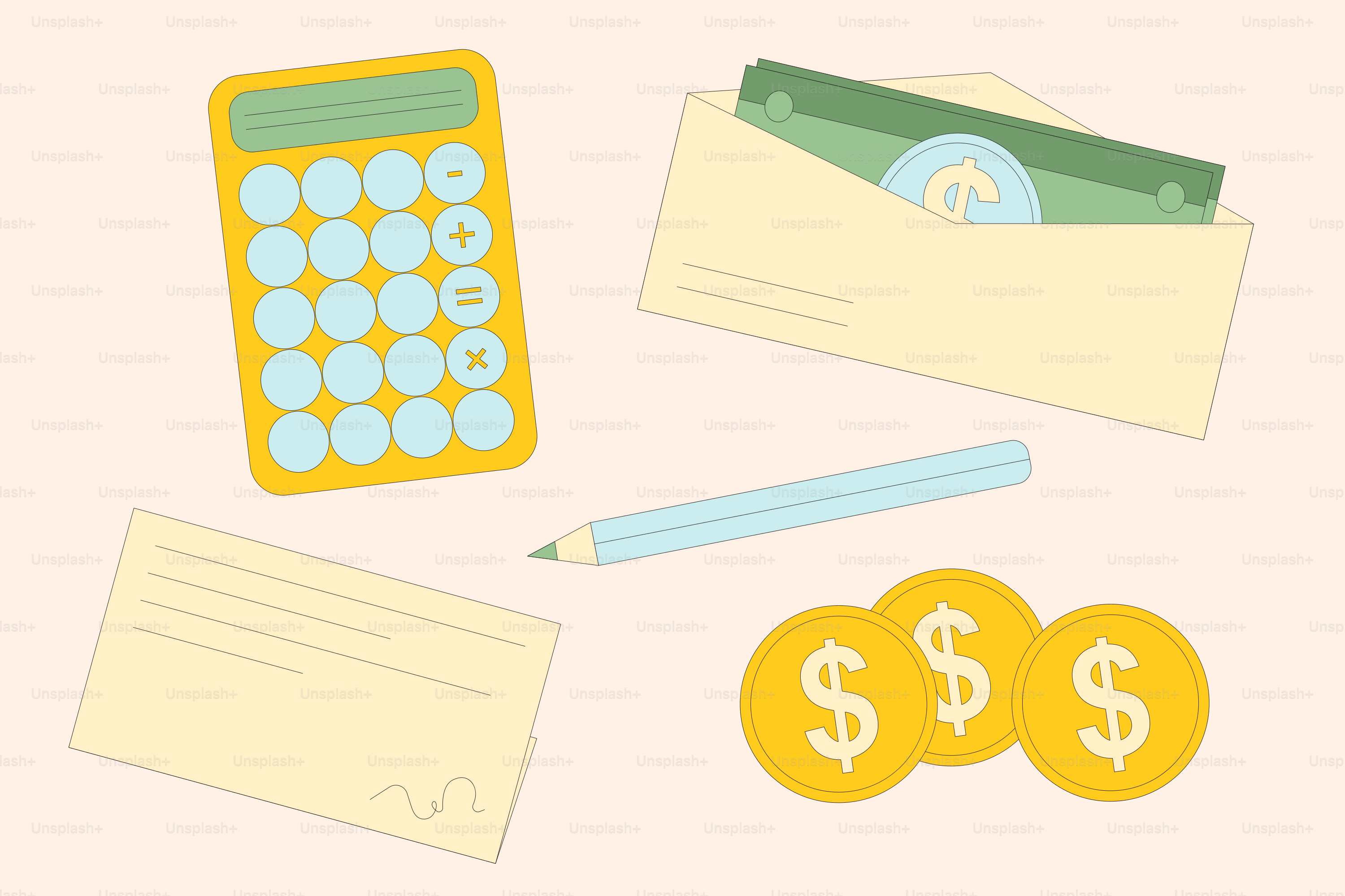 A calculator, pen, money, and a calculator on a