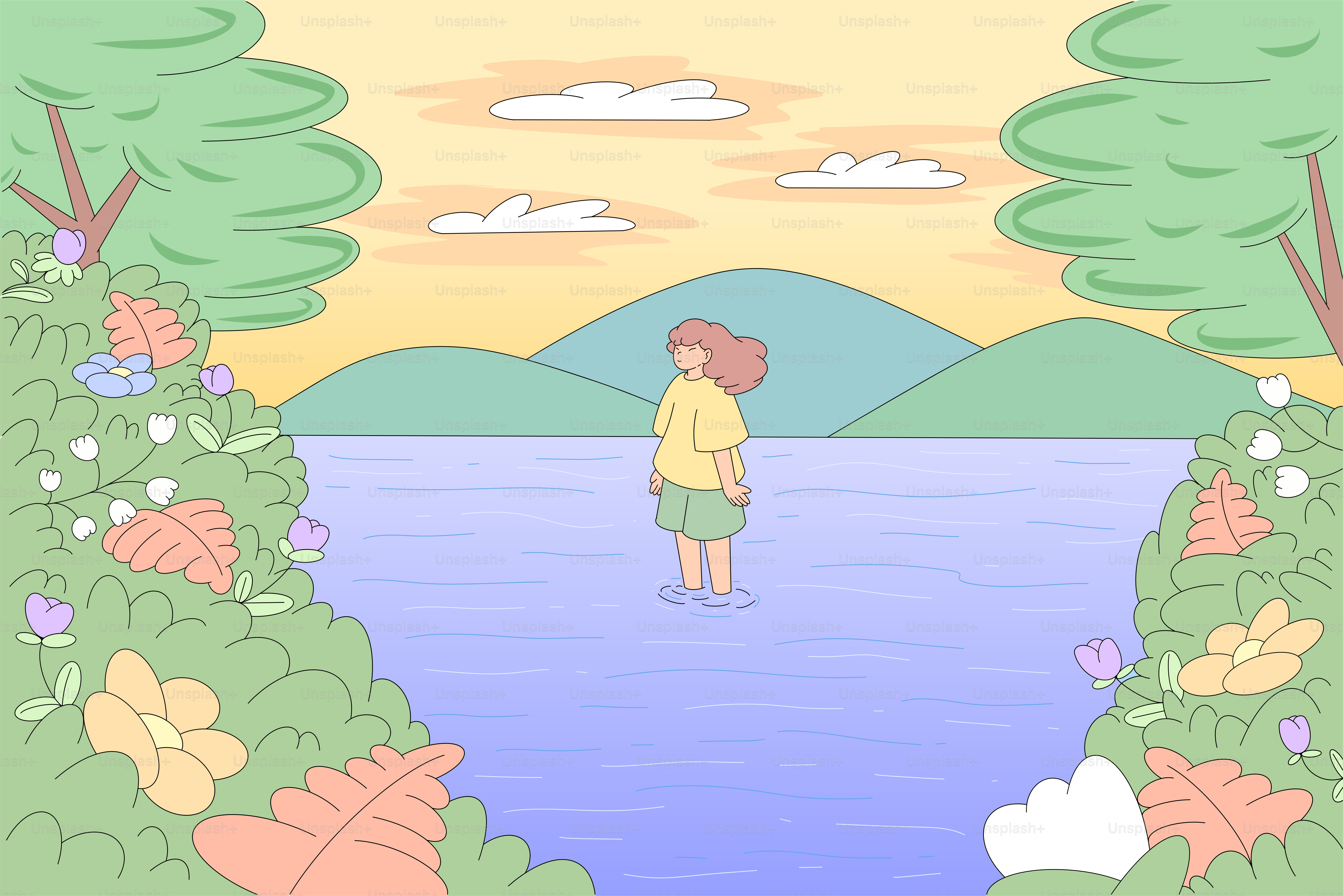 A person stands in calm water surrounded by nature.