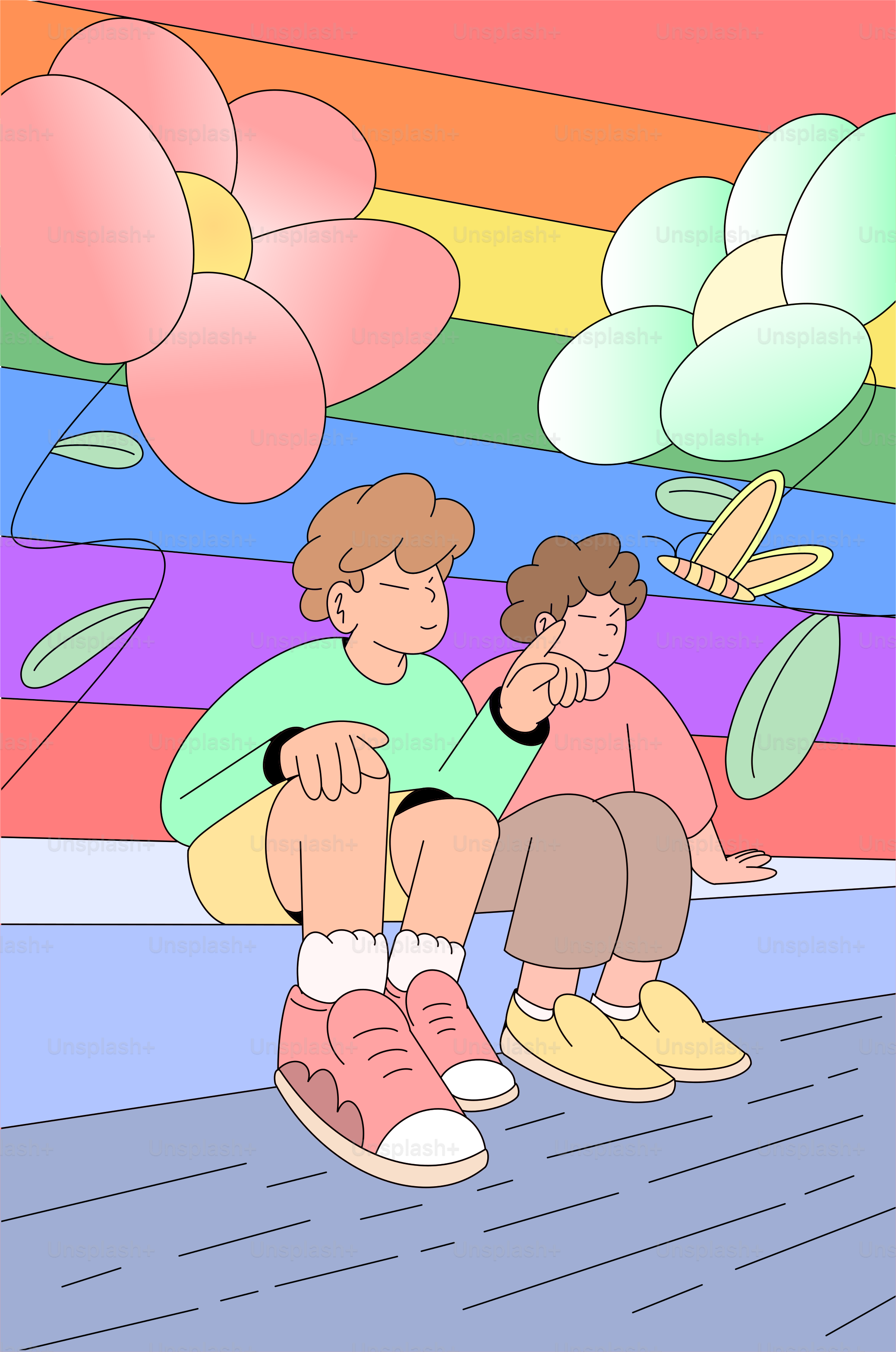 Two children sit with large flowers and rainbow background.