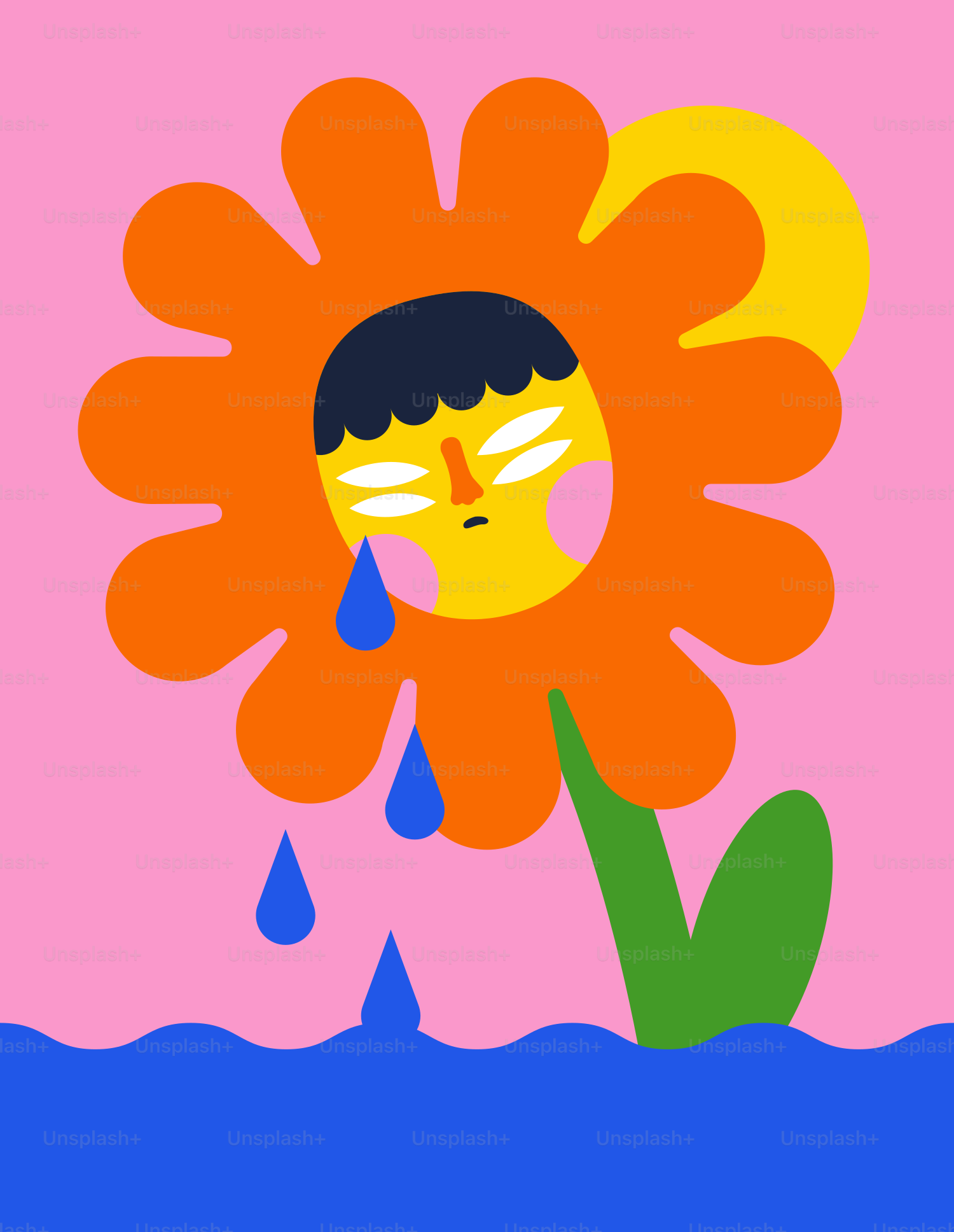 Sad flower crying blue tears in blue water