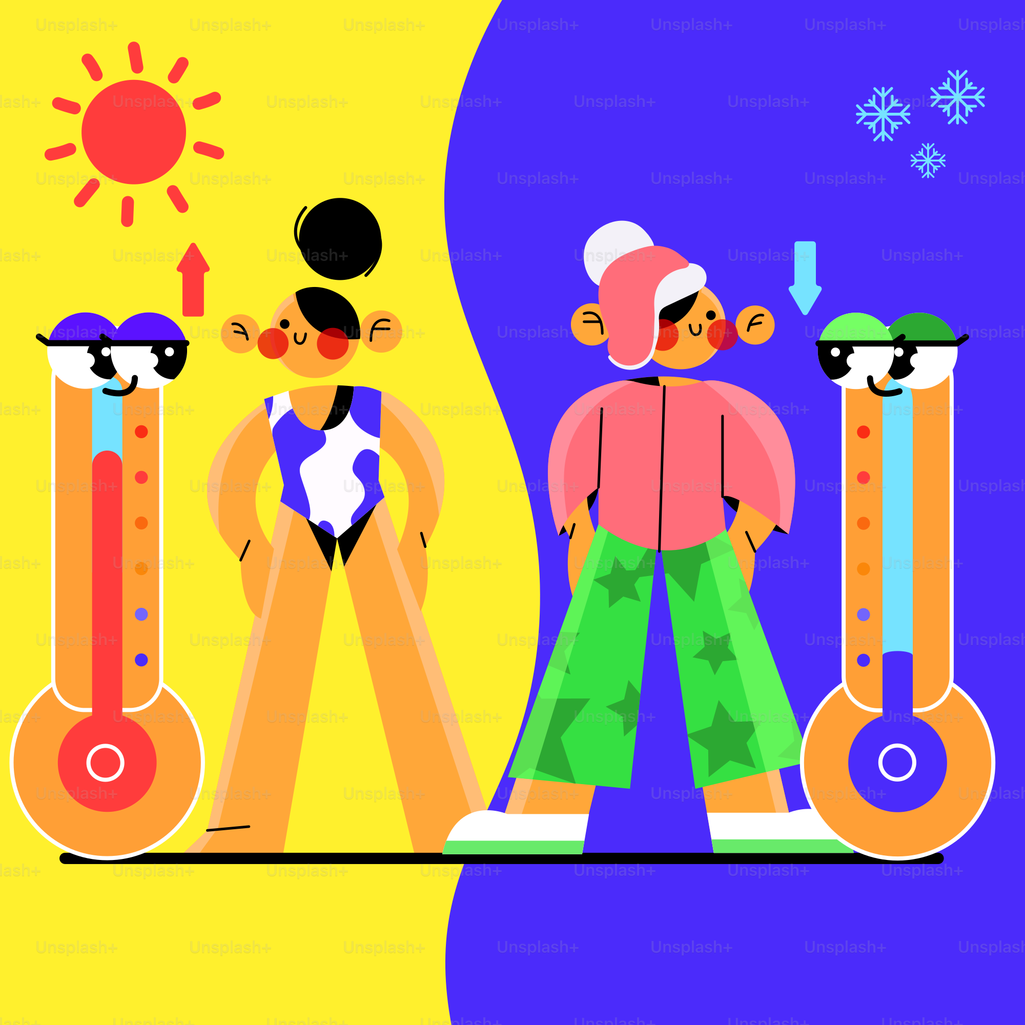 Hot and cold weather contrast with thermometers and thermometers