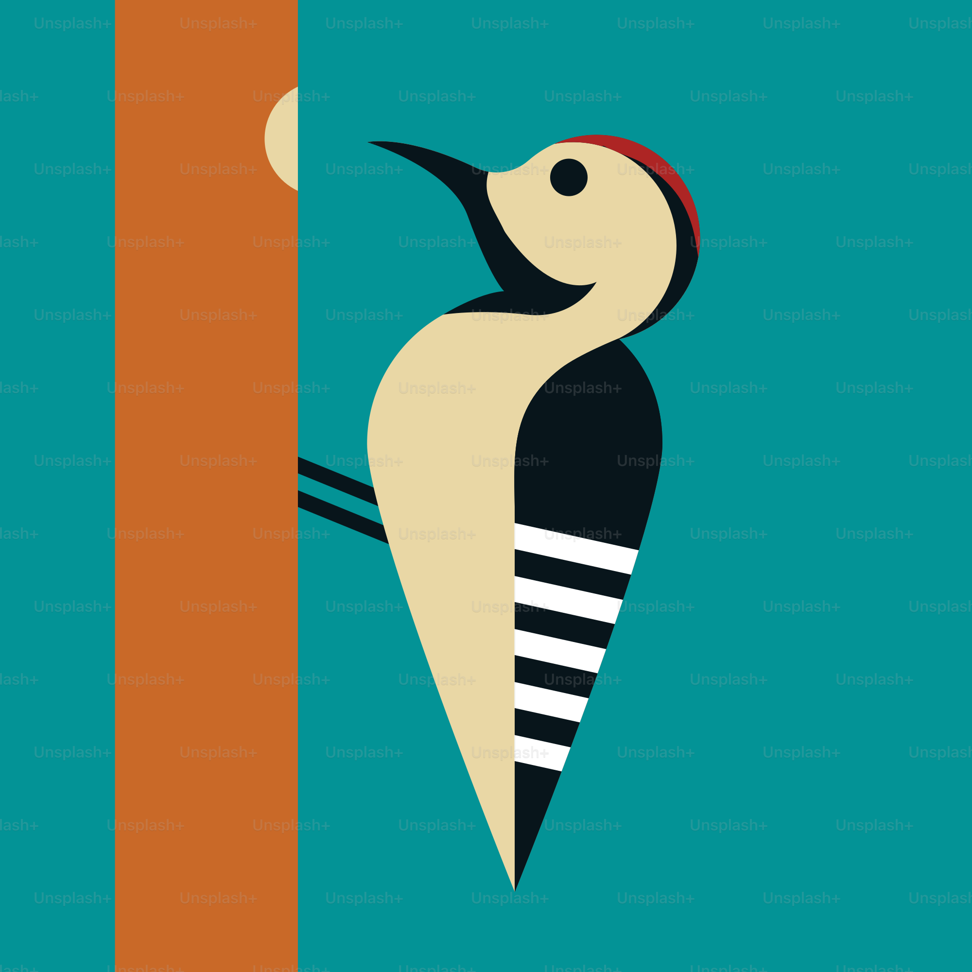 Stylized woodpecker clinging to a tree trunk