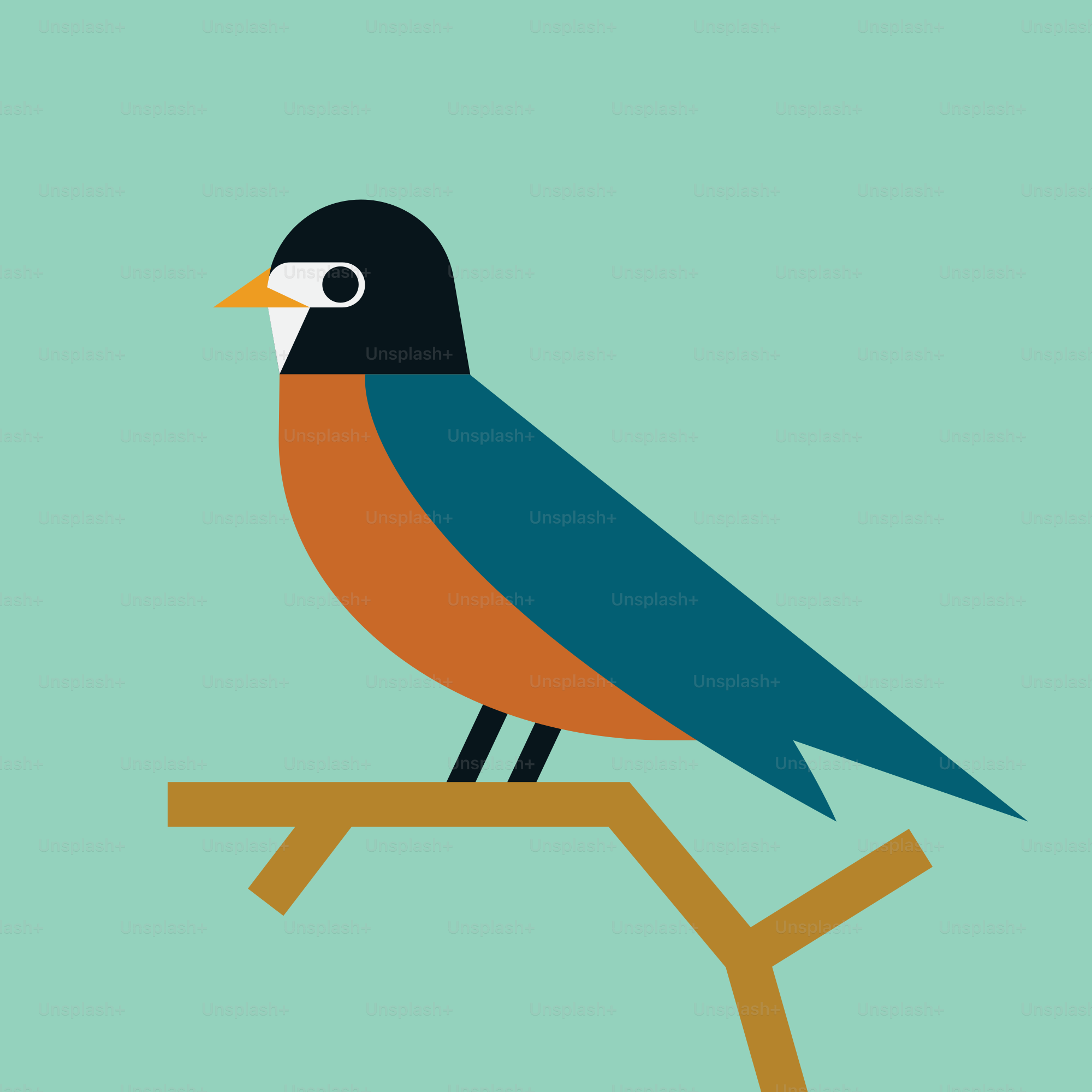Stylized bird perched on a branch against a teal background