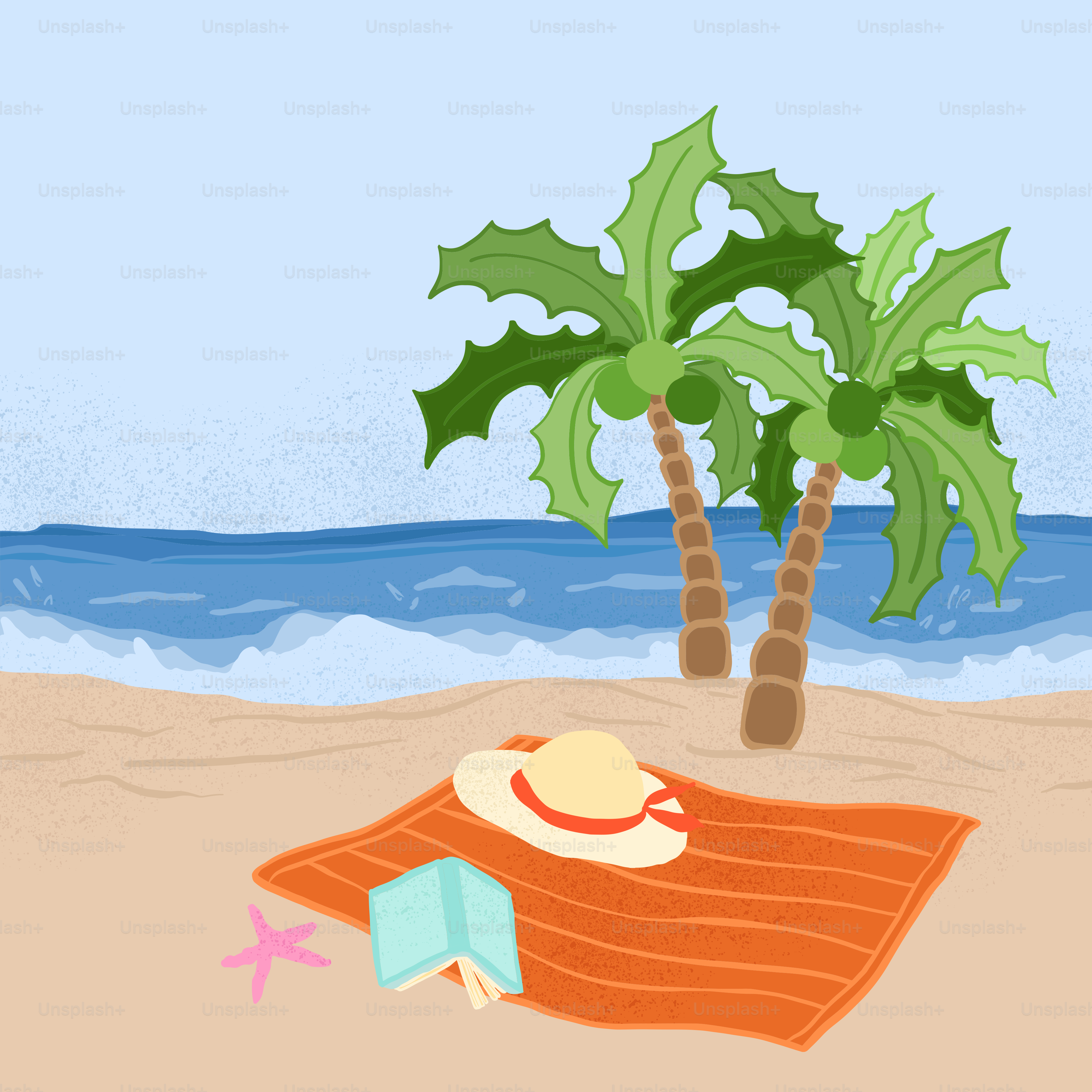 Beach scene with palm trees, towel, and book.