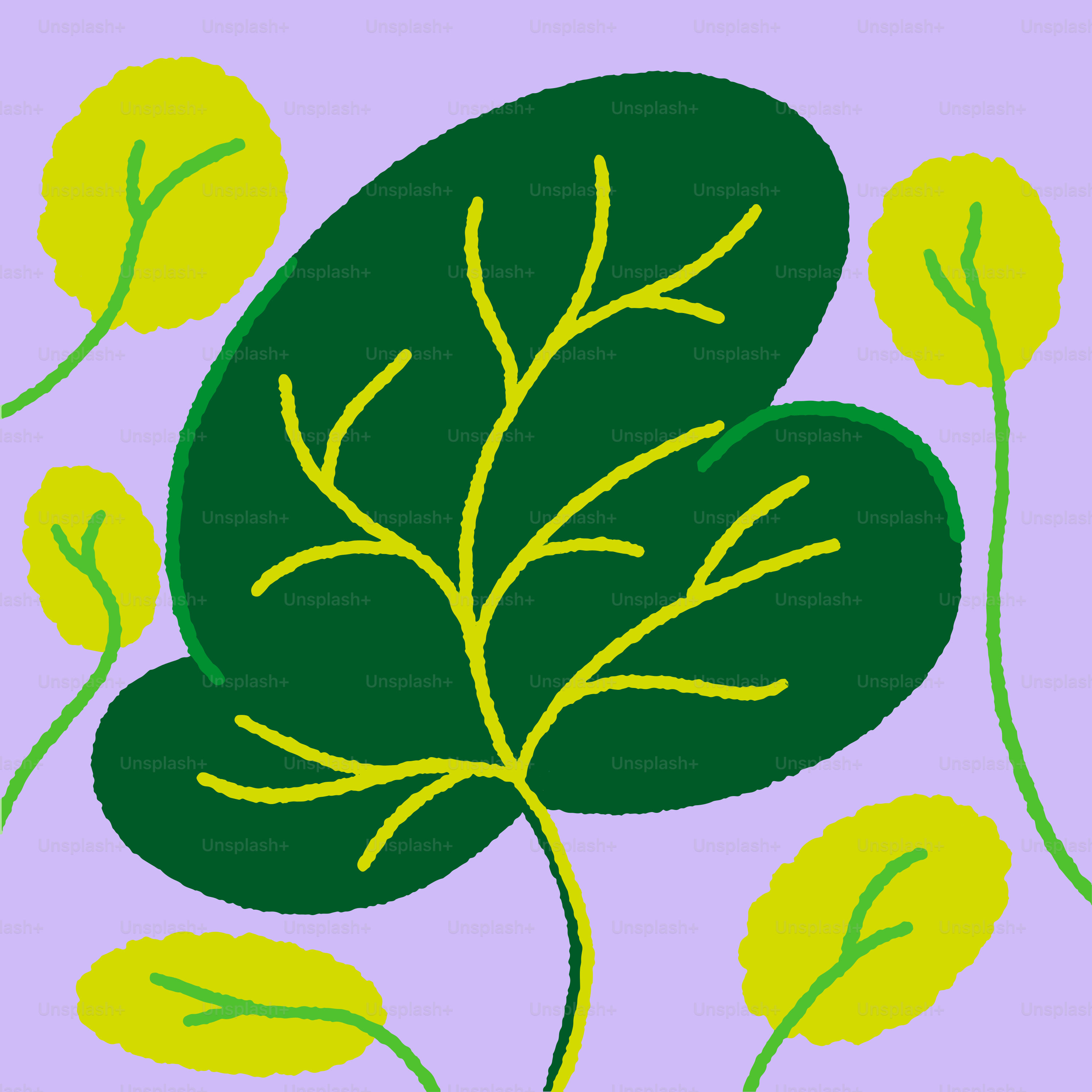 Green leaves with yellow veins on a lavender background.