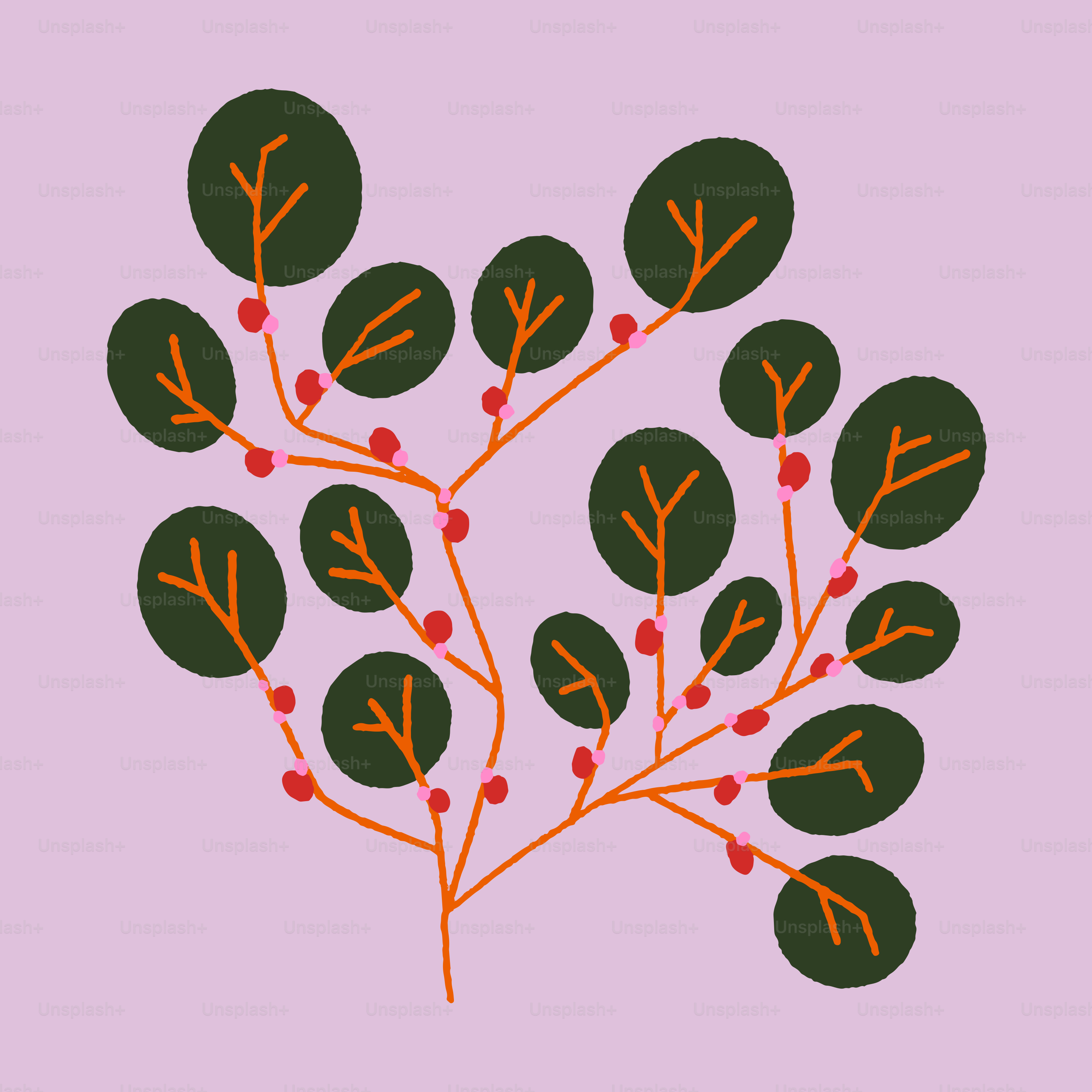 Stylized green leaves and red berries on pink background