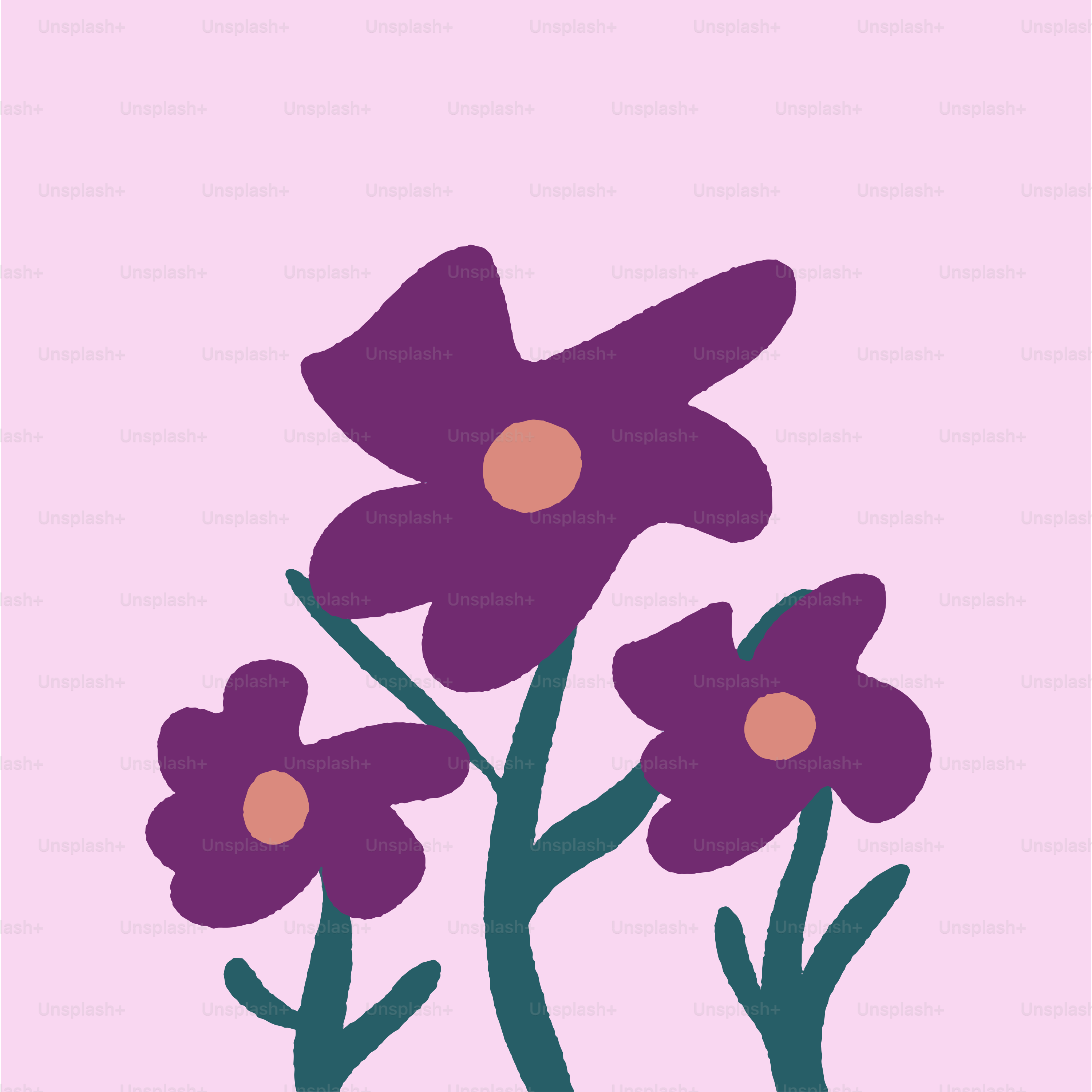 Three purple flowers with orange centers on pink background