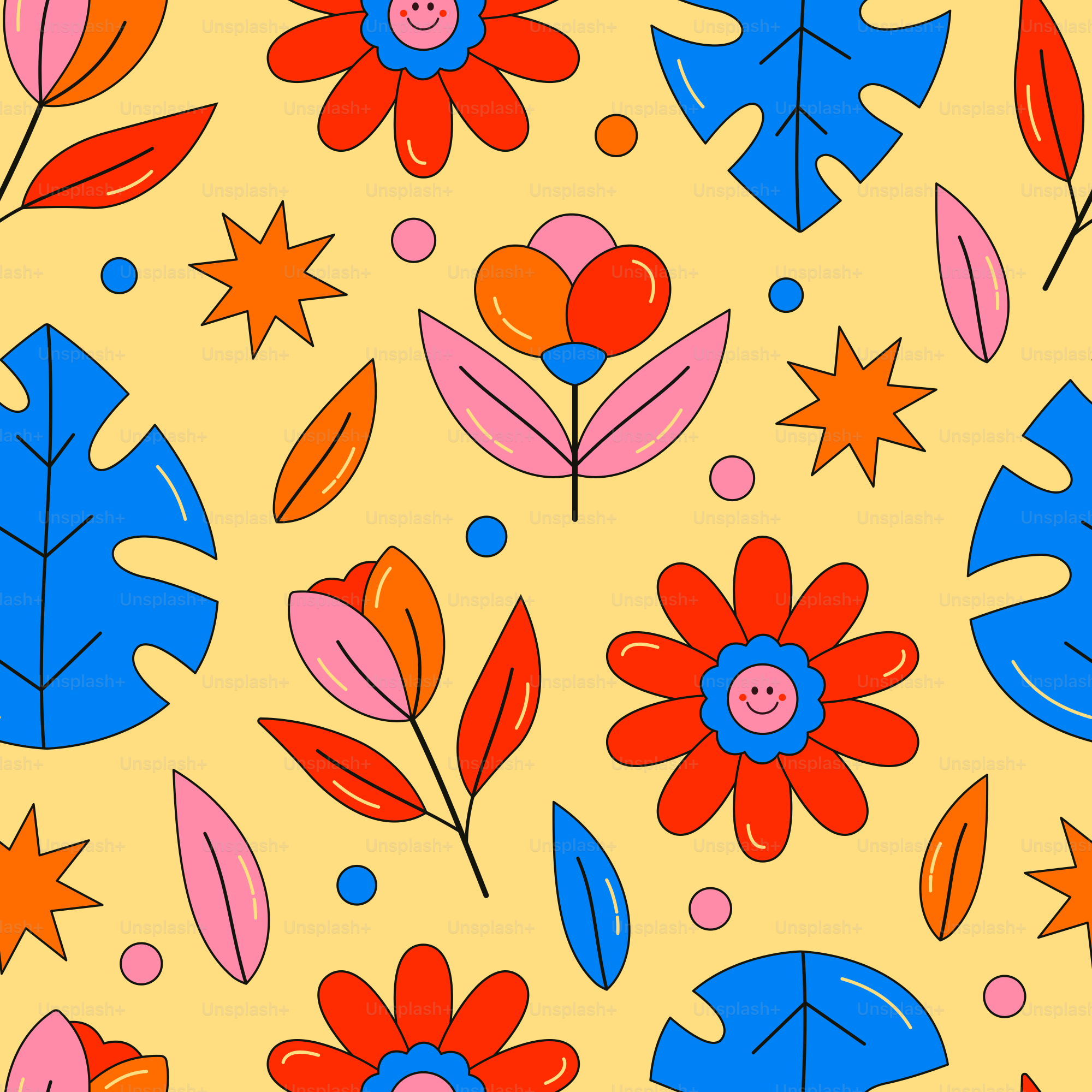 Retro floral pattern with bright colors on yellow background