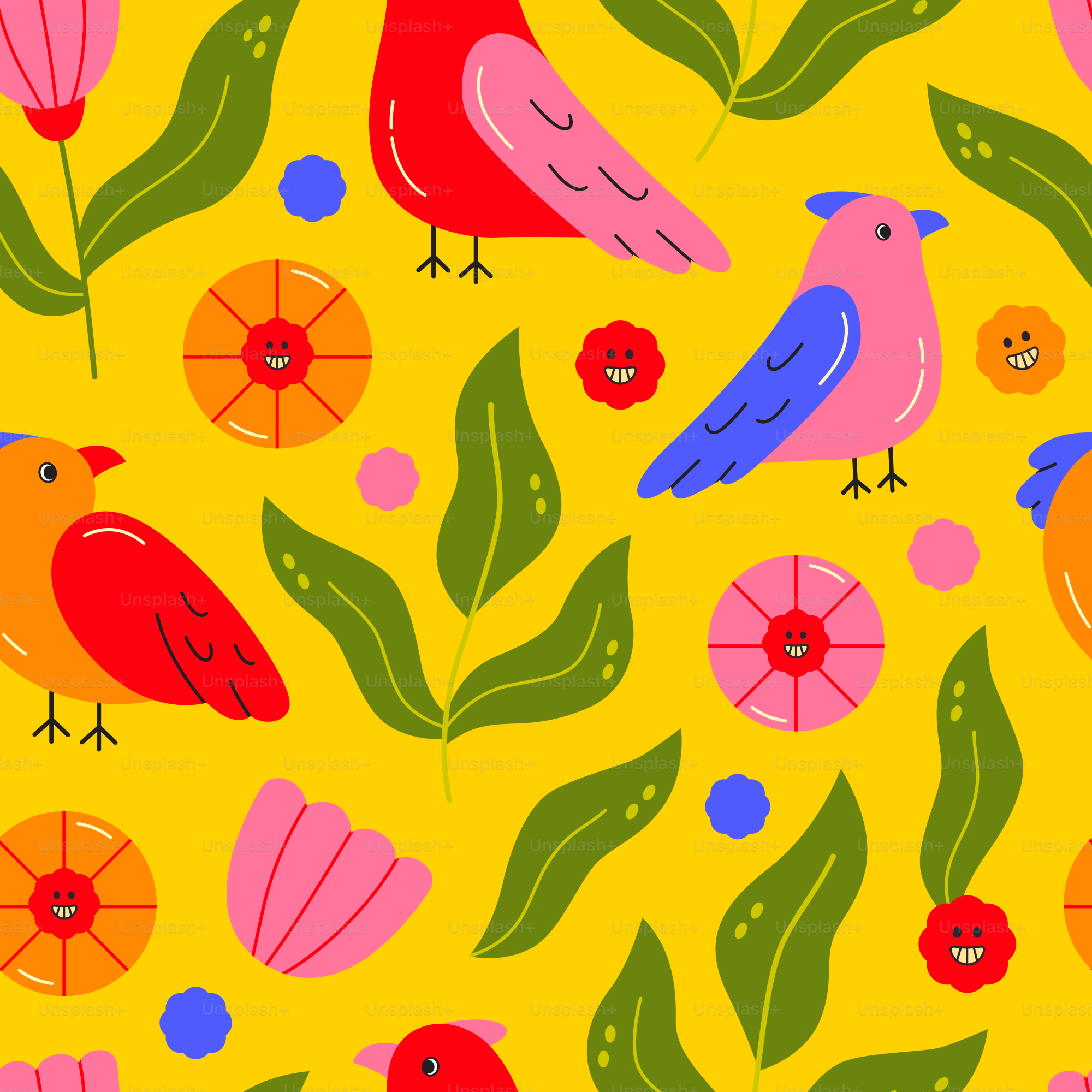 Colorful birds and flowers on a yellow background.