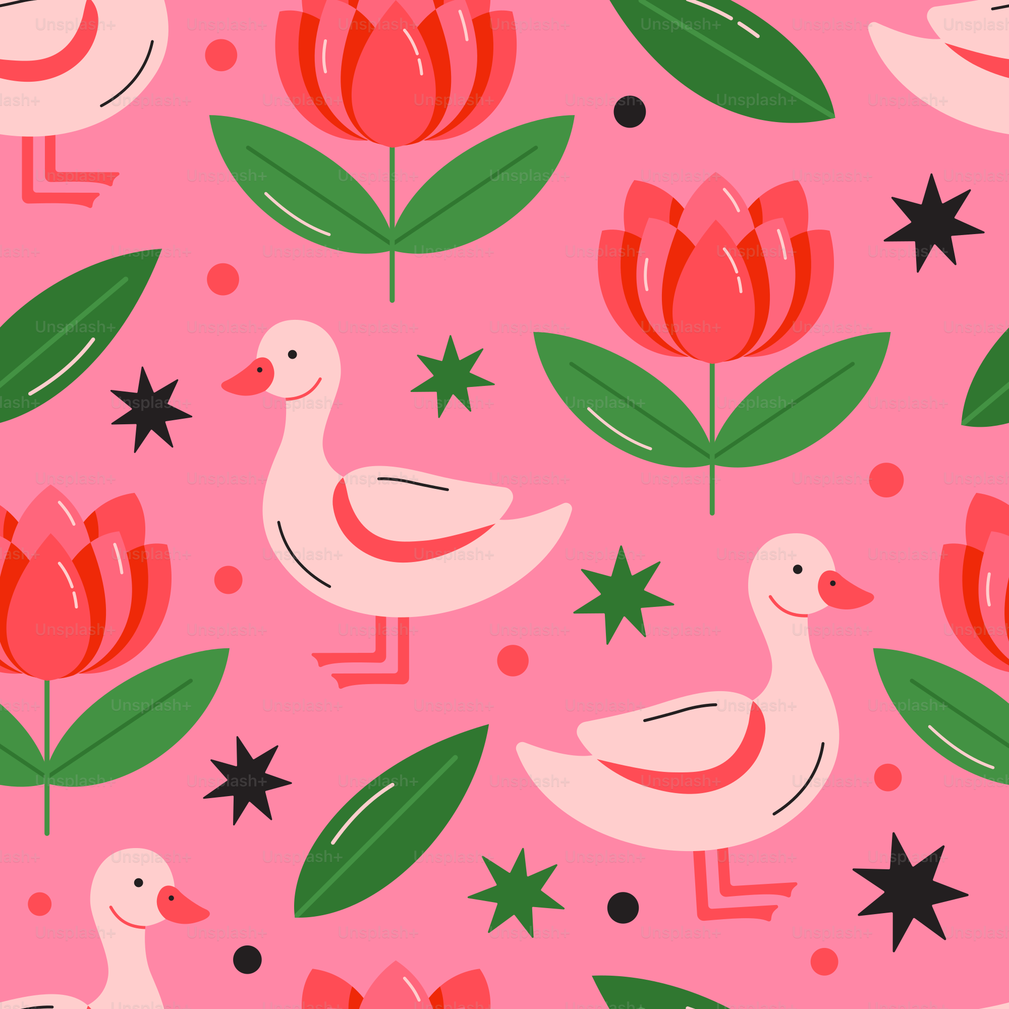 A pink pattern of geese, flowers, and stars.