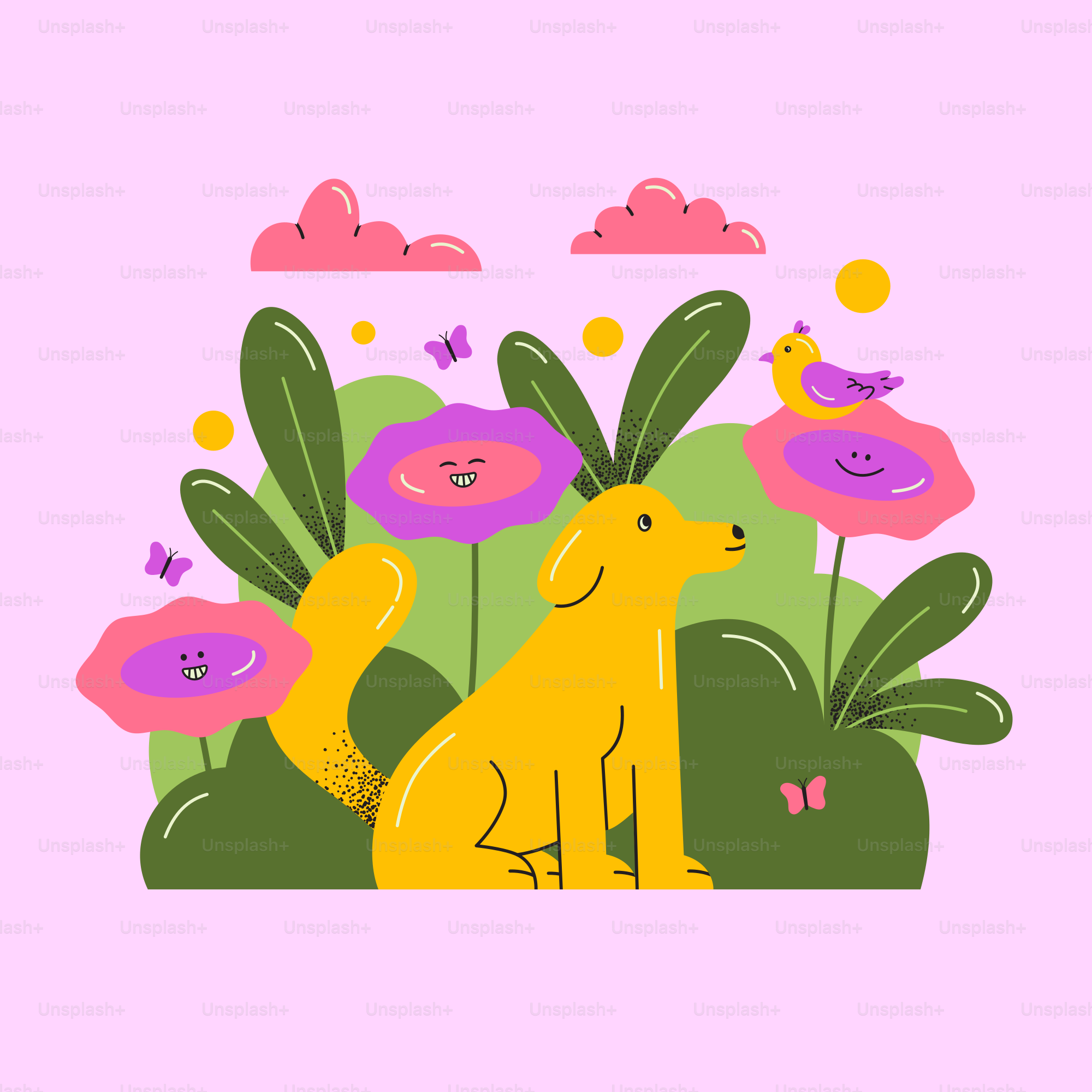 A yellow dog sits among colorful flowers and plants.