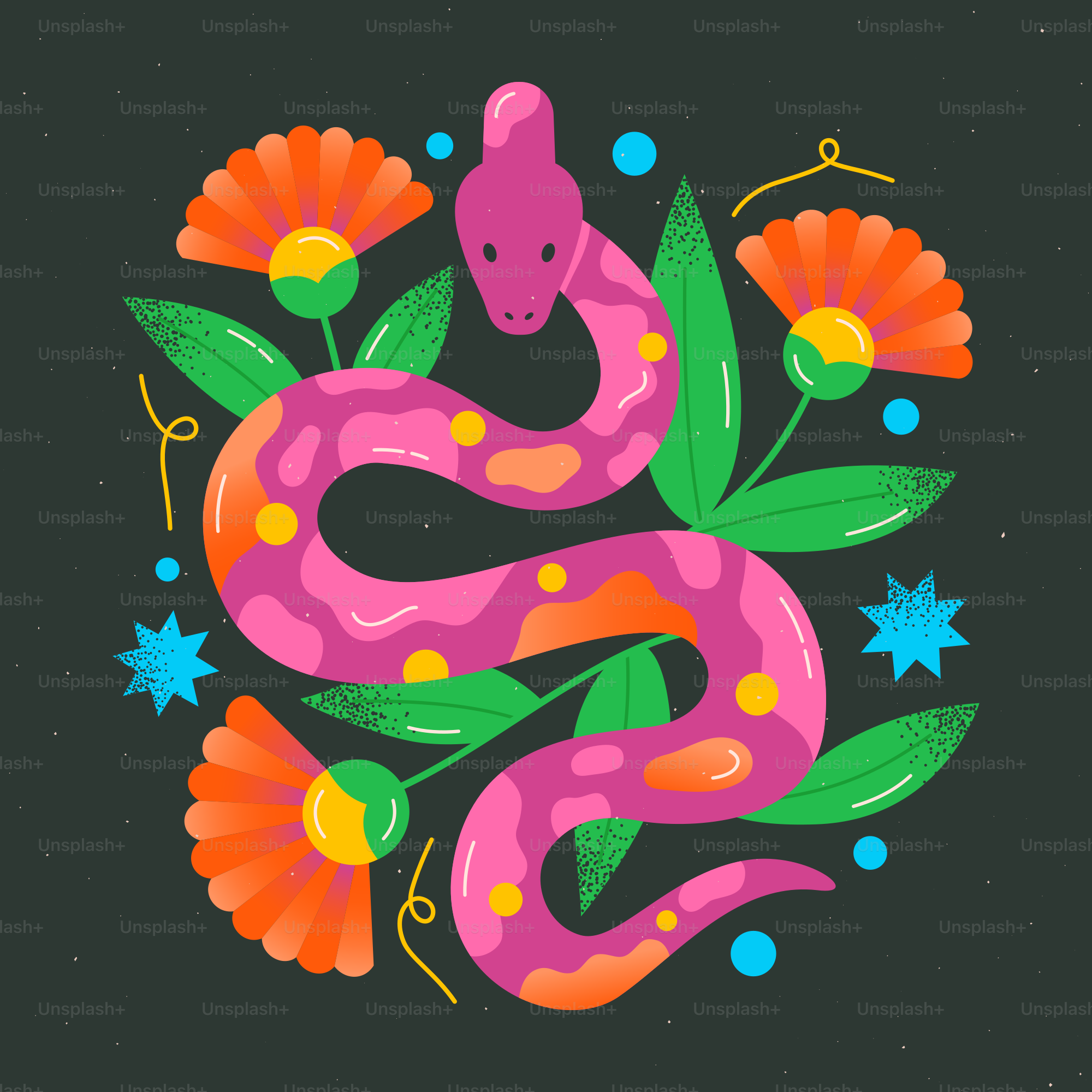 A colorful snake with flowers on a black background
