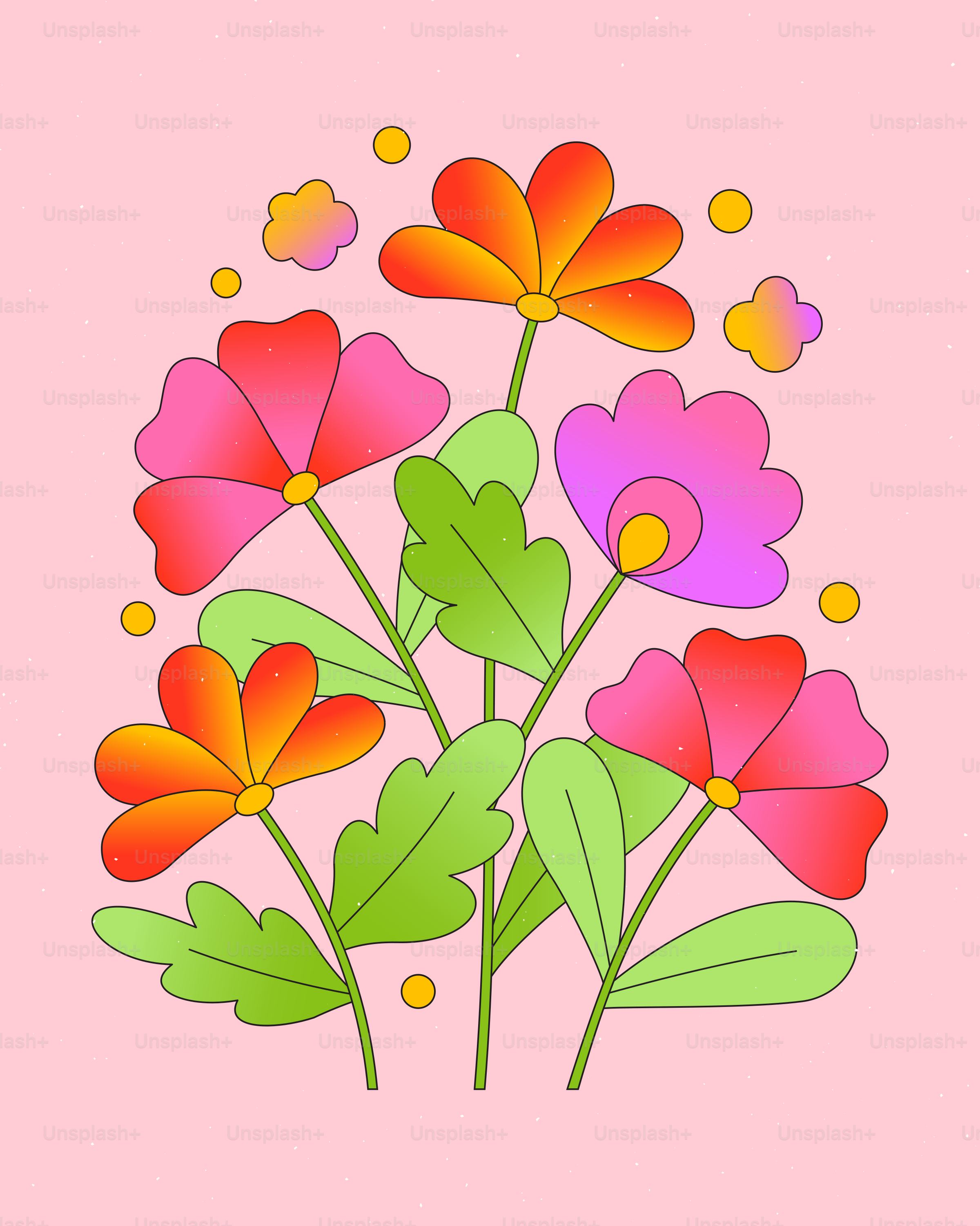 Colorful flowers with green leaves on pink background