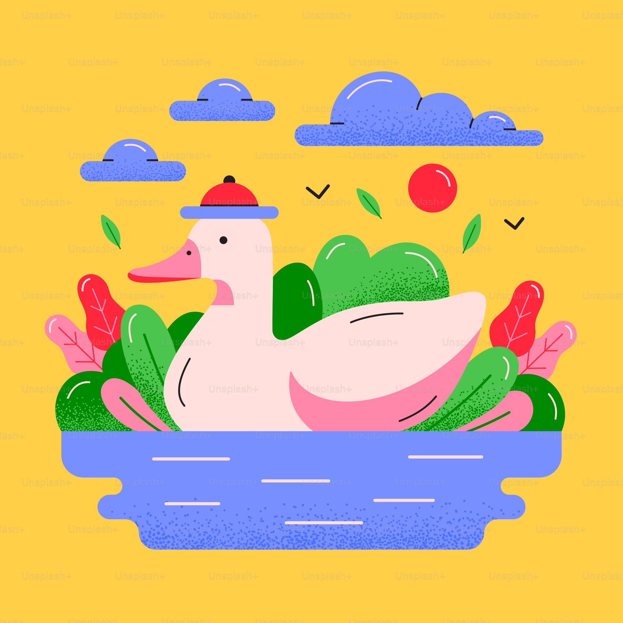 A duck with a hat in a beautiful pond.