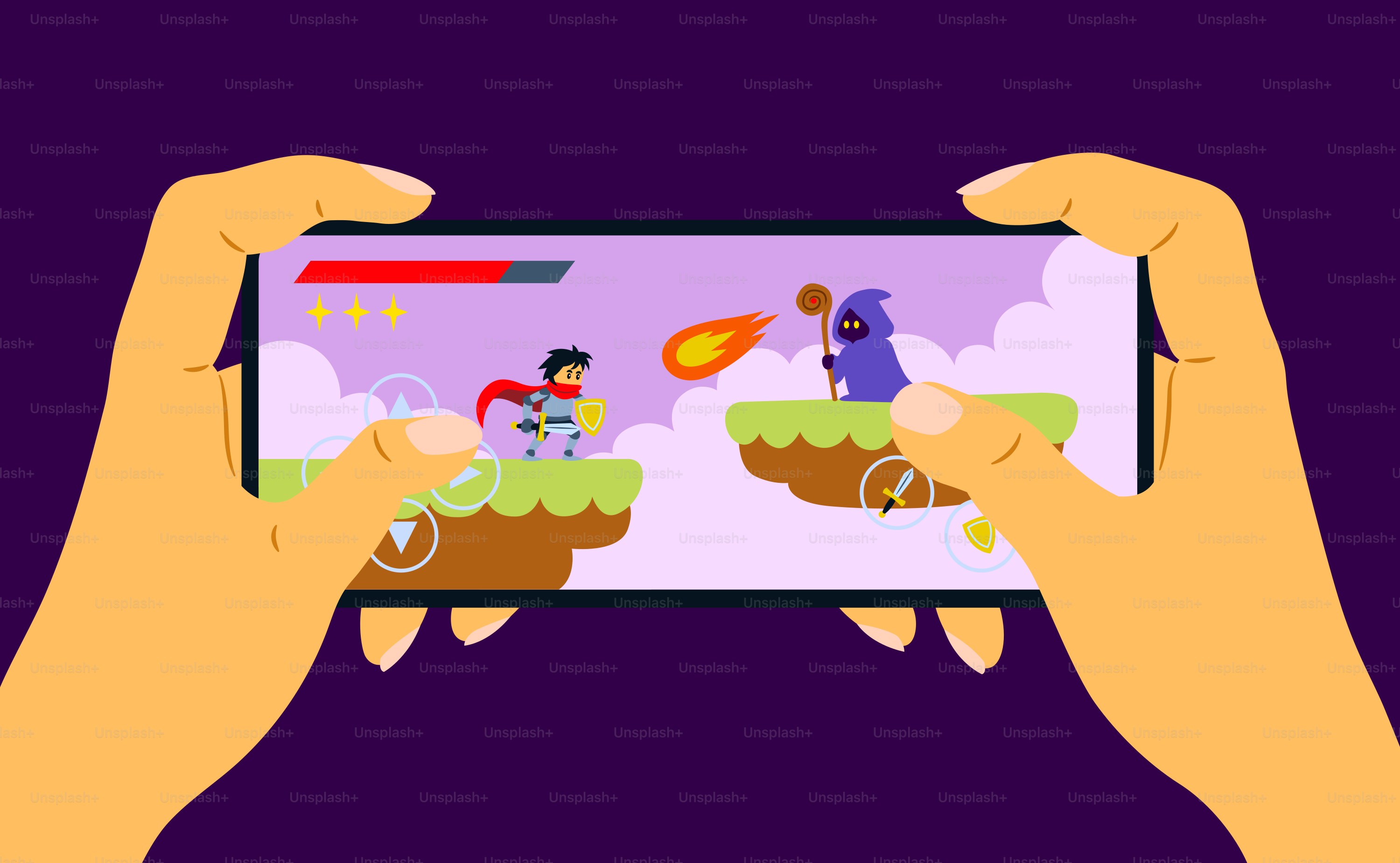 Hands holding a smartphone playing a video game.