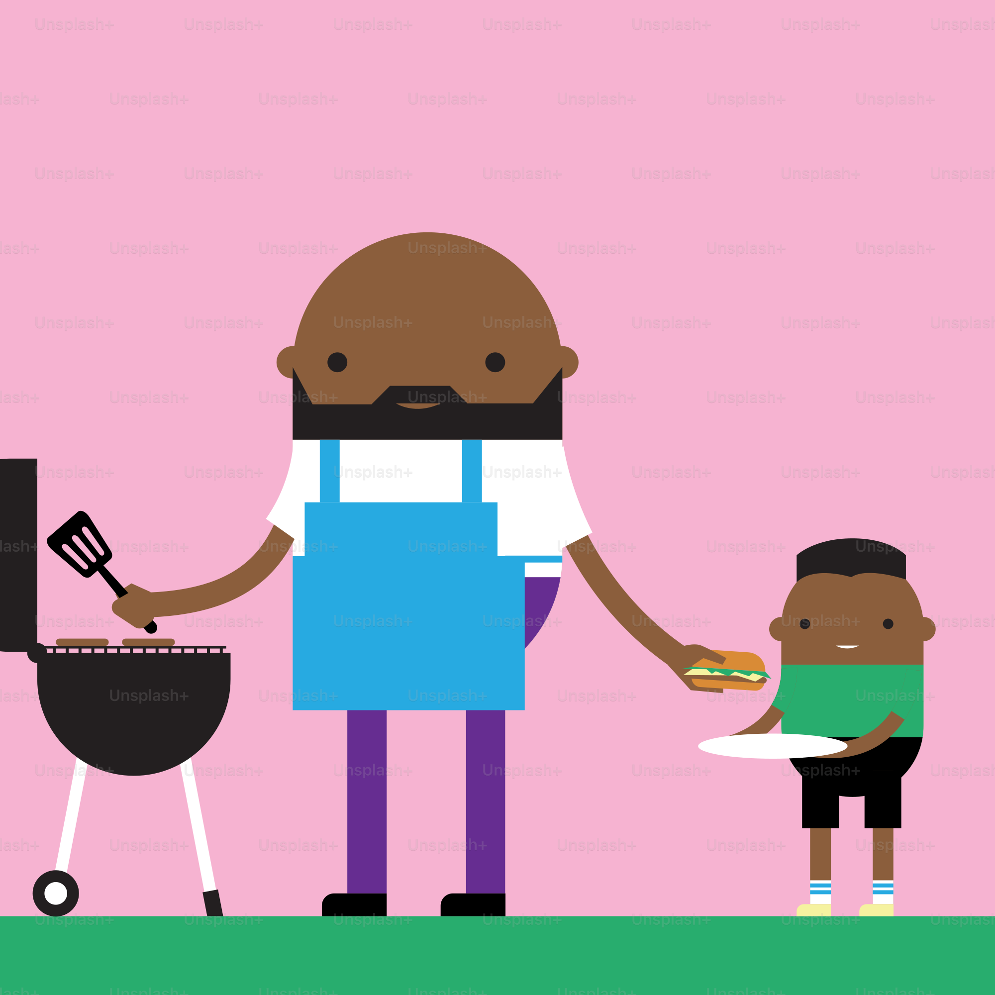 Father and son grilling burgers on a pink background