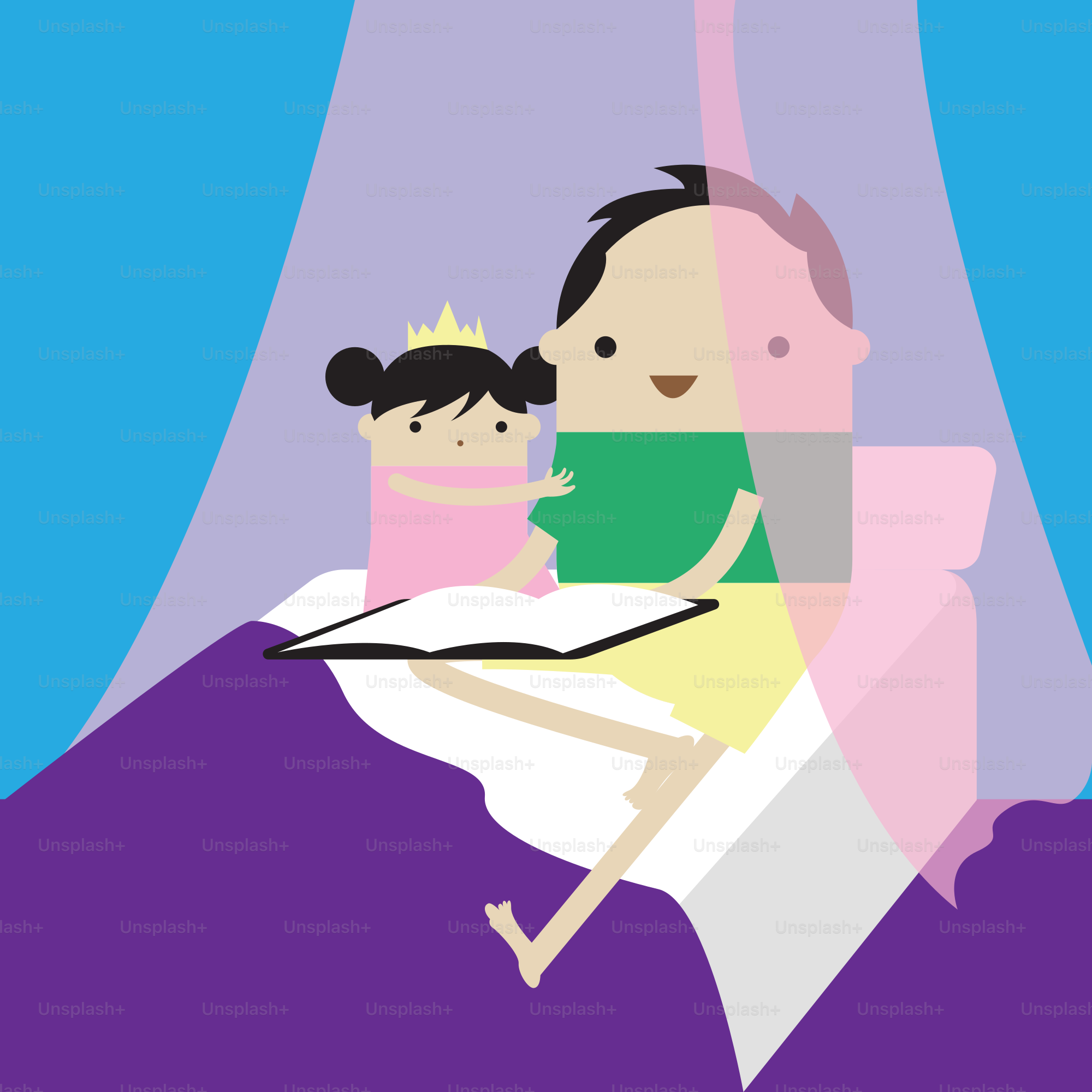 Father reads a book to daughter wearing a crown.
