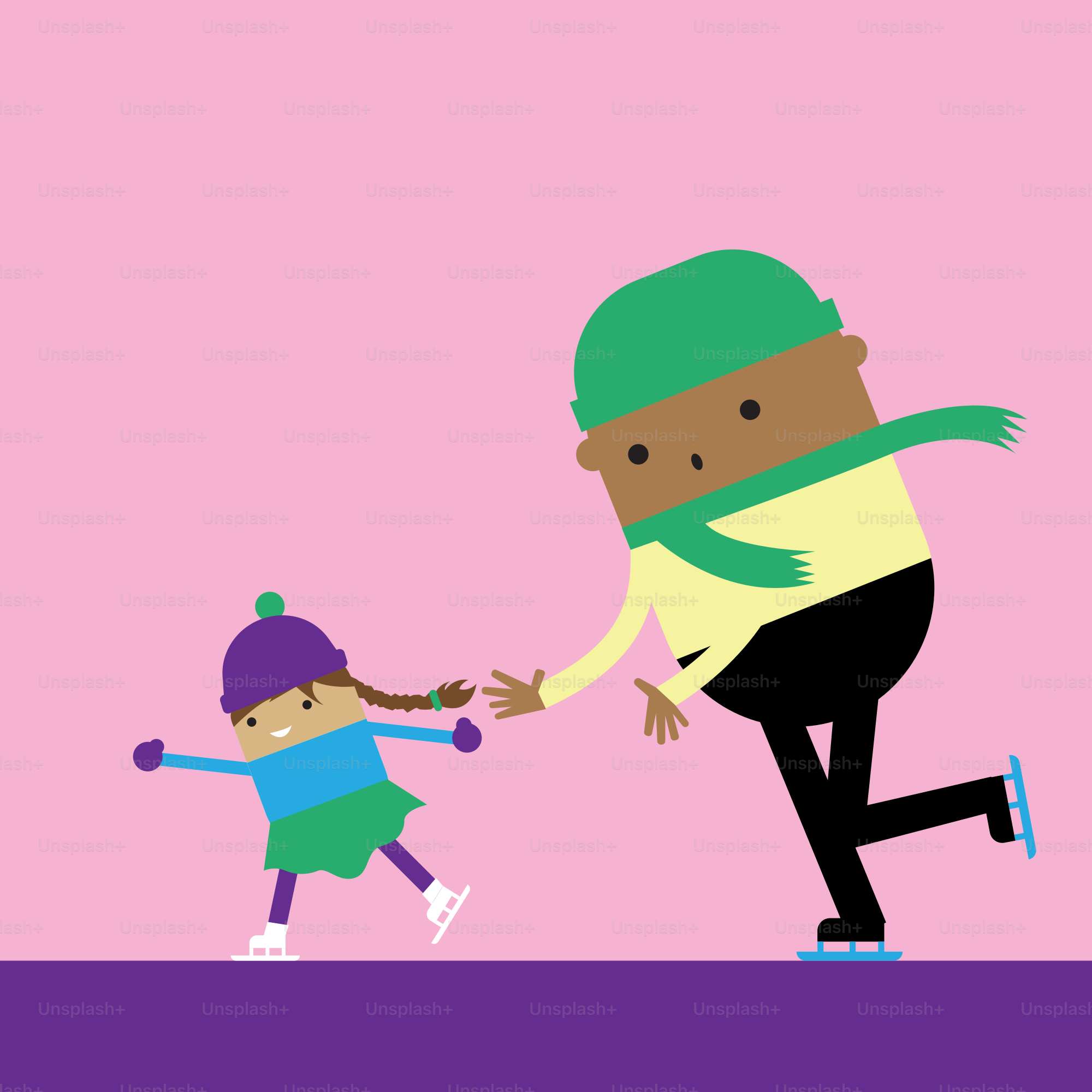 Father and daughter ice skating together on pink background