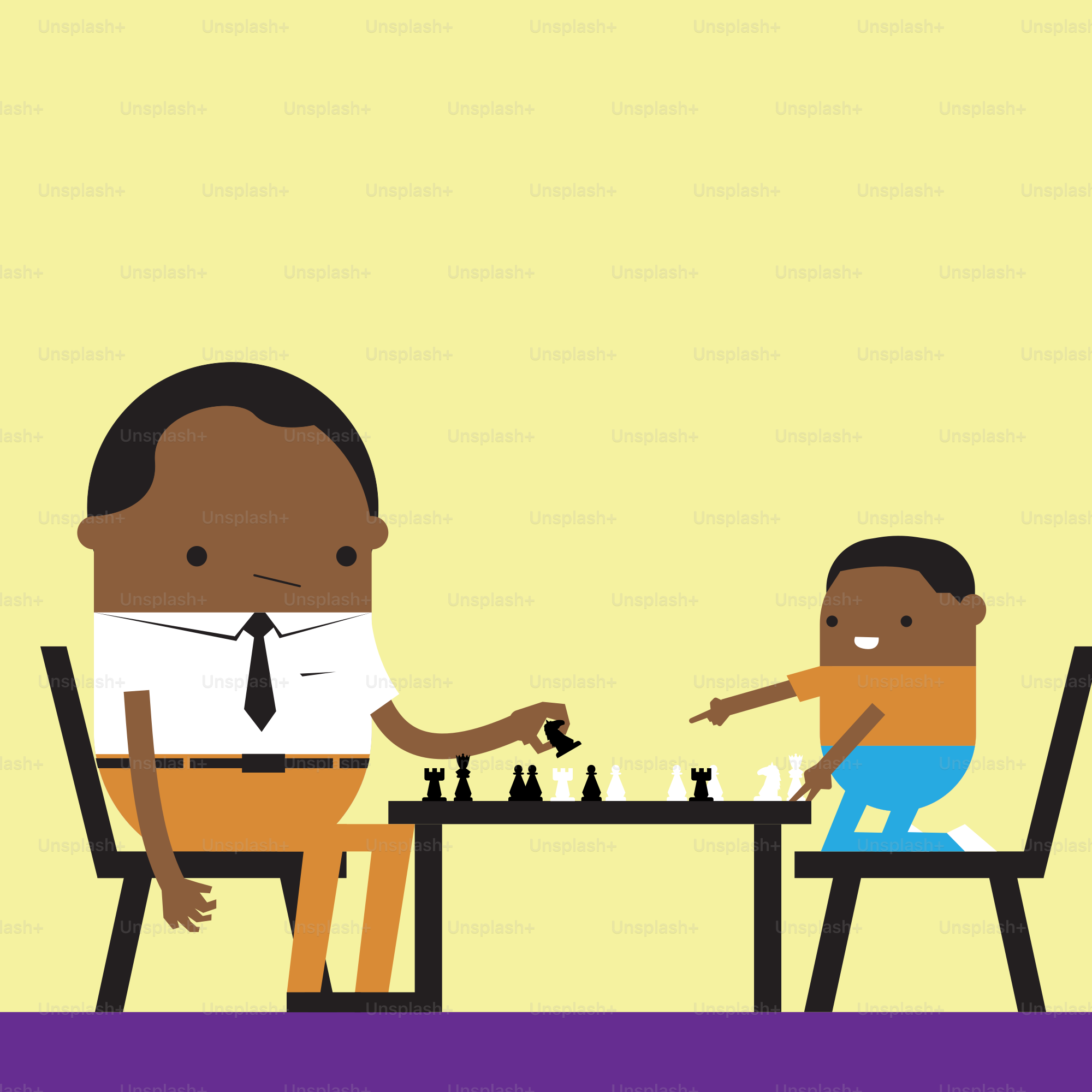 Mann und Junge spielen Schach an einem Tisch.