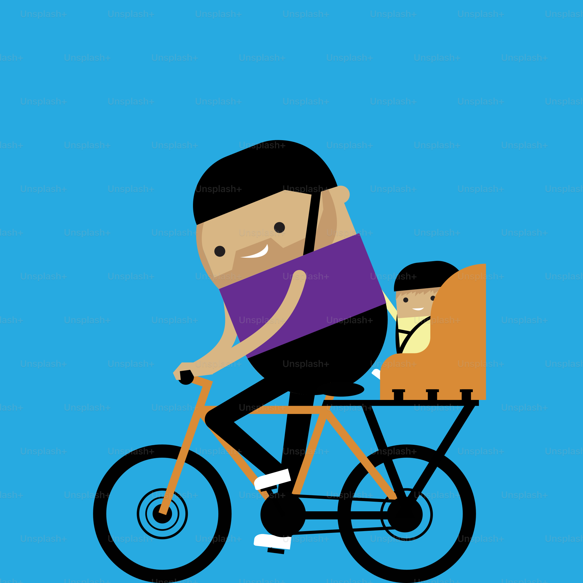 Man riding bicycle with child in back seat