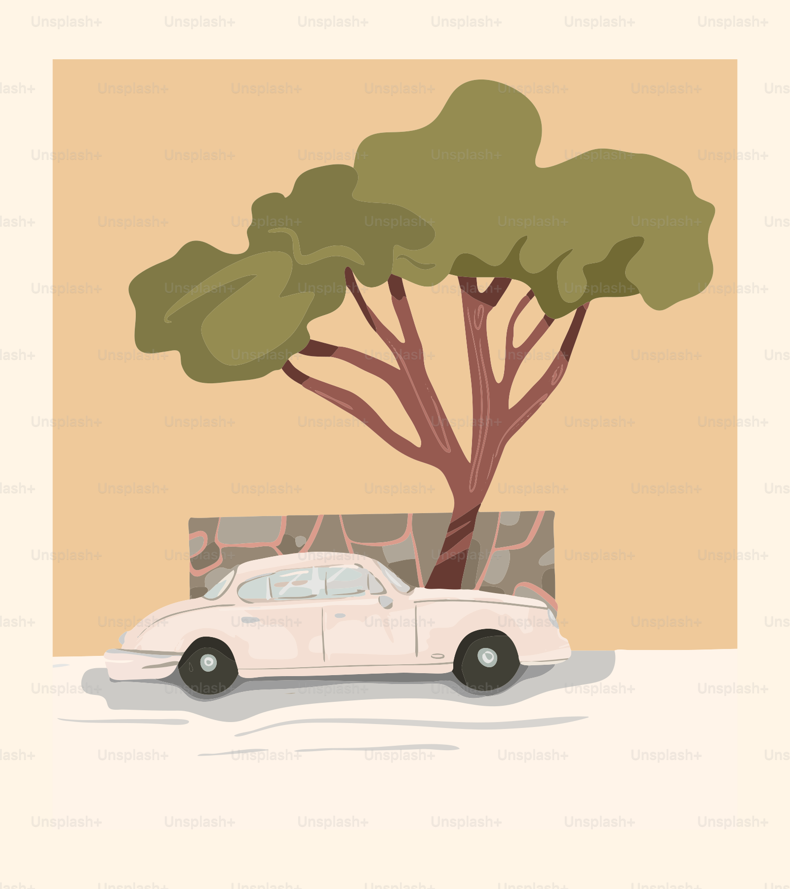 A vintage car parked under a large tree.