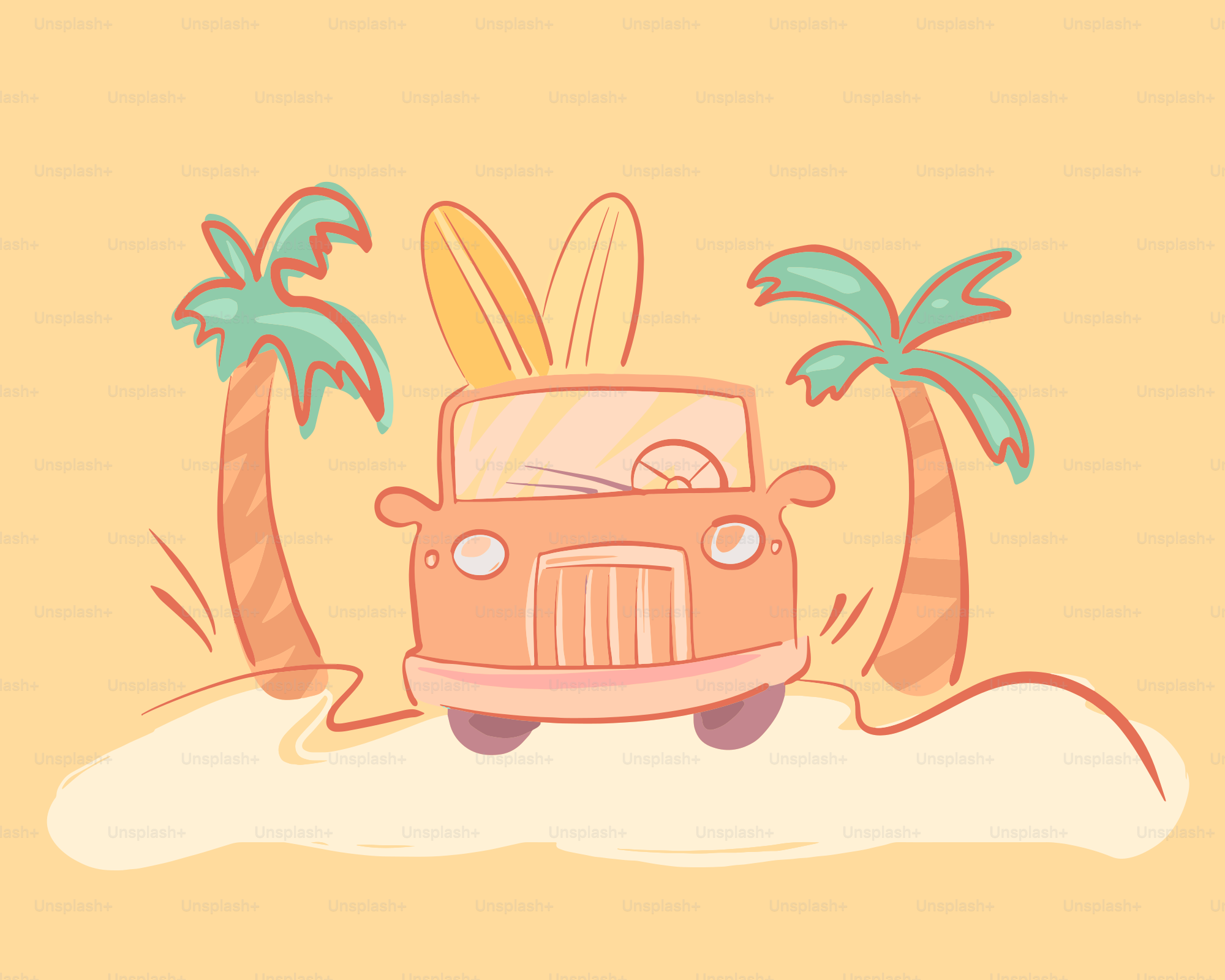 Car with surfboards parked between palm trees