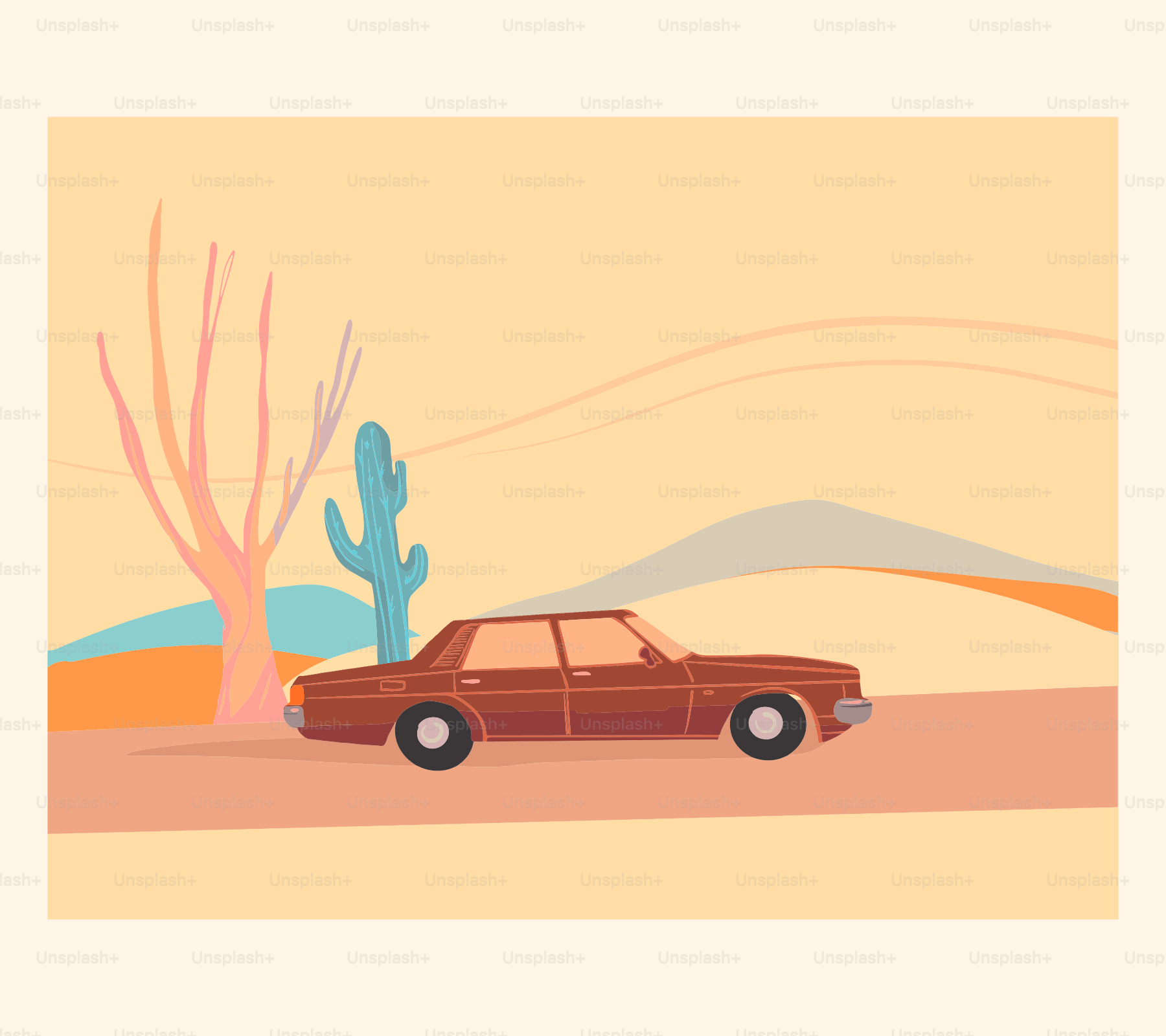 Brown sedan parked in a desert landscape with cactus.