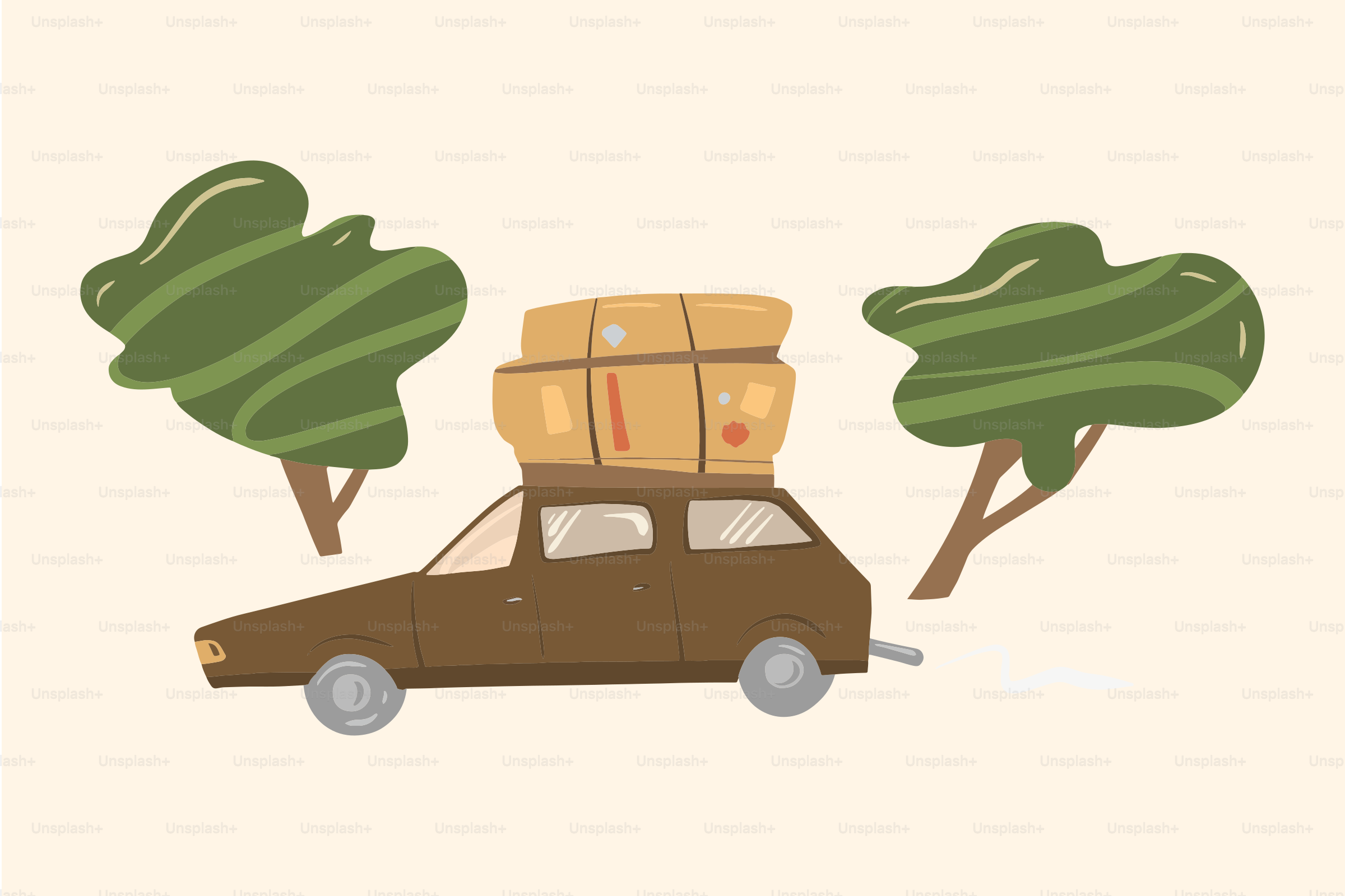 Car packed with luggage driving between trees