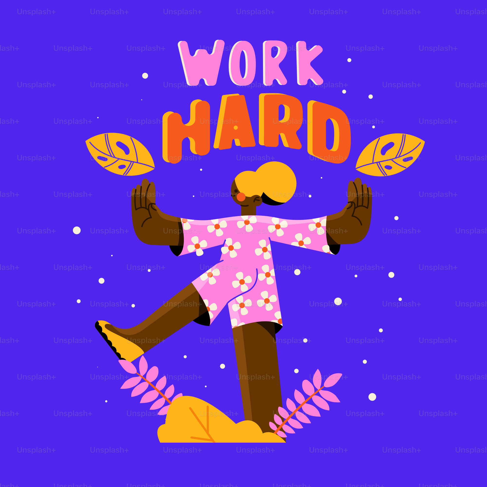 Una persona que se va equilibrando con un mensaje de "trabaja duro"