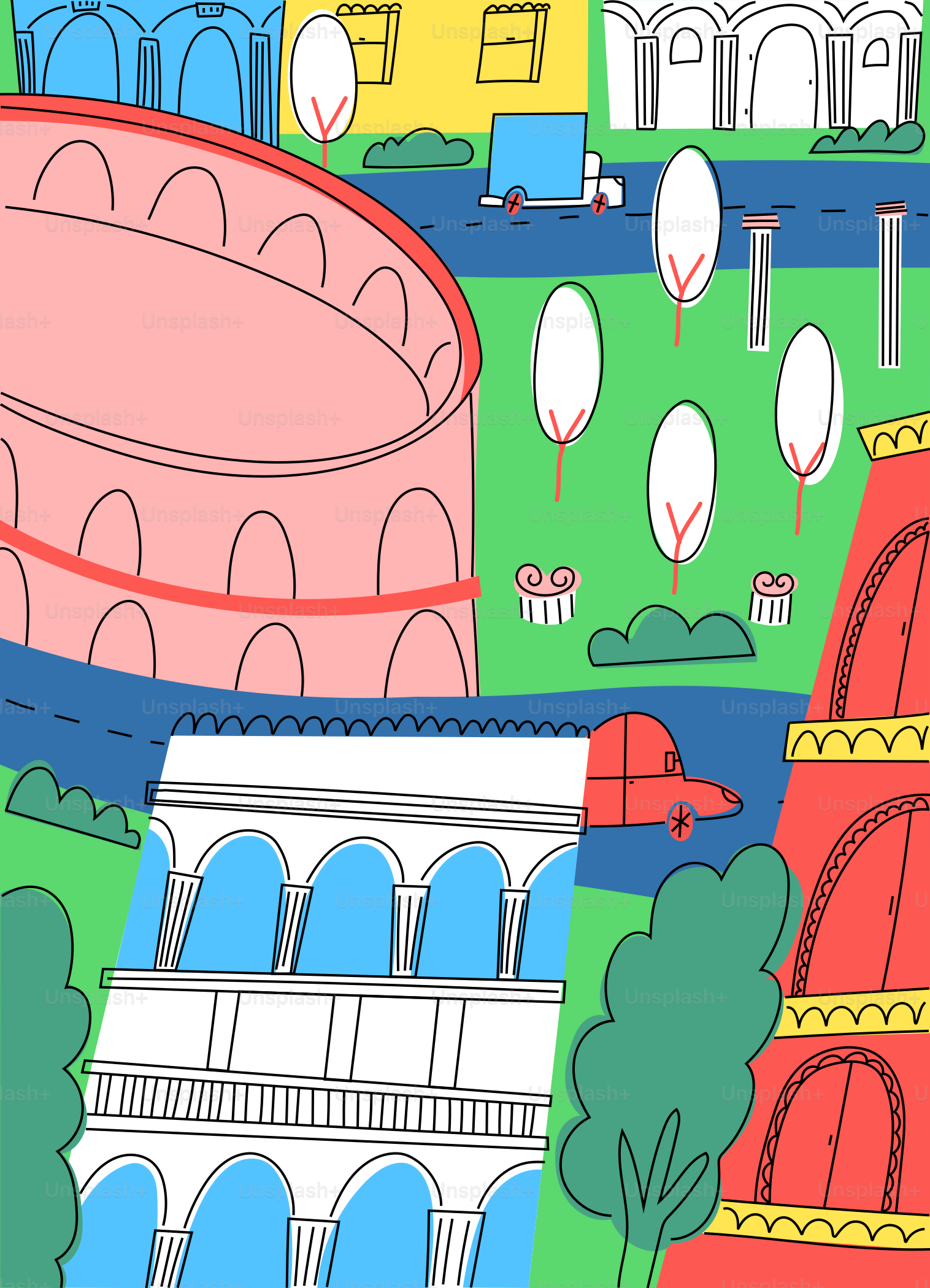 Un dessin d’une ville avec beaucoup de bâtiments